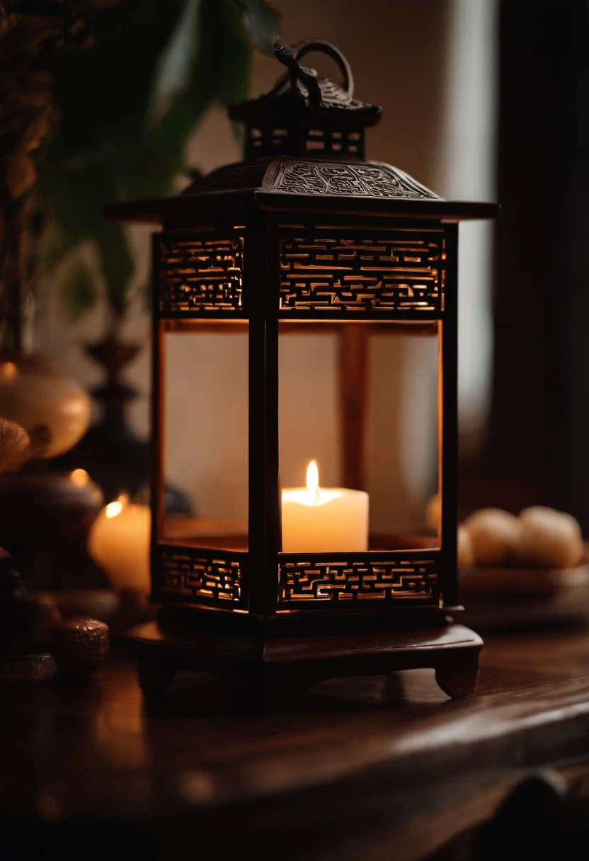 1womanl, 20yr old,((Chinese female celebrity)),The lens is shot from top to bottom,Chinese costumes,Gorgeous,the night,Ancient Chinese architecture,Chinese elements,Wooden dining table,((Mid-Autumn Mooncakes)),candlestick,Candle,lantern,