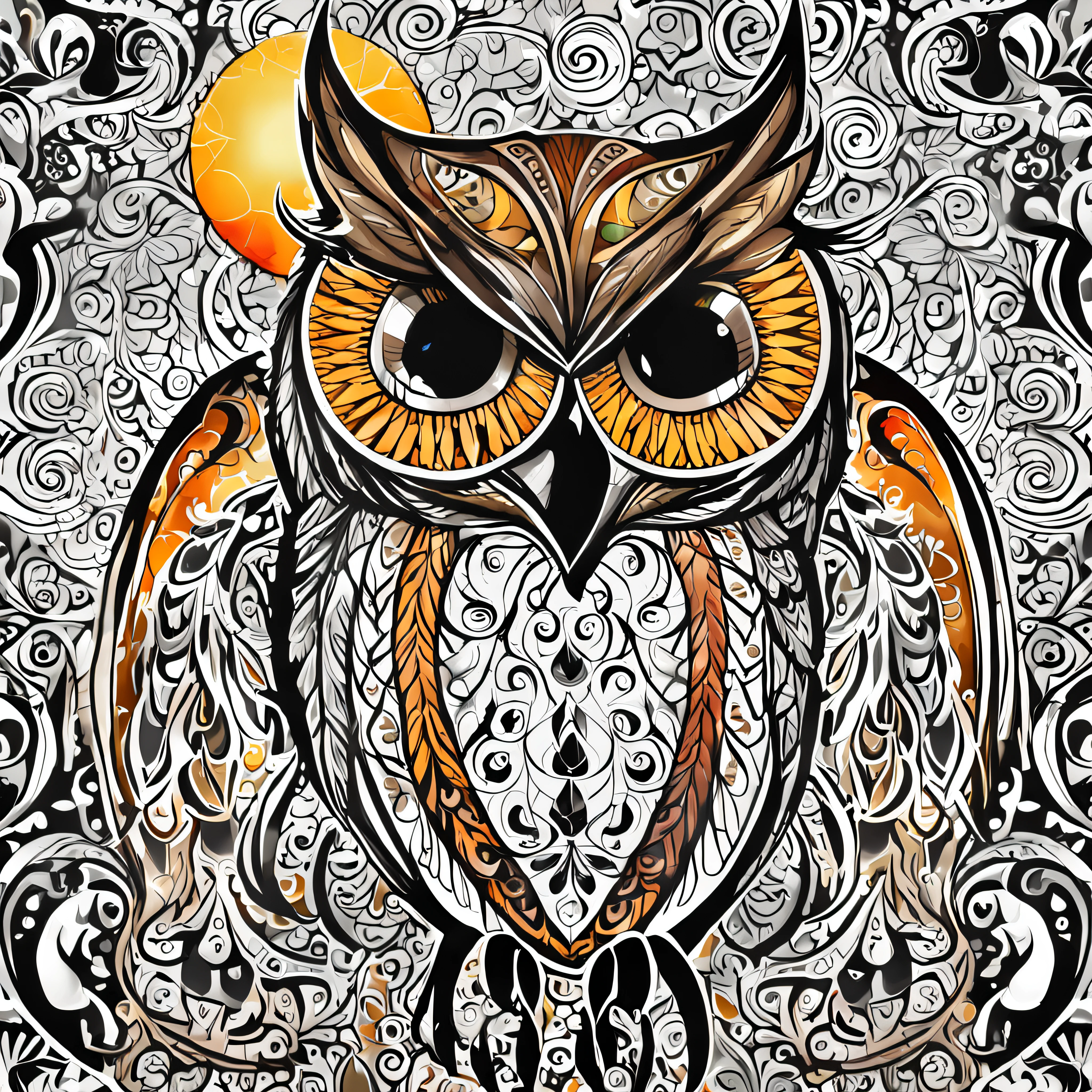 design de camisetas, tatuagem, fundo preto, centrado na arte, 2D, vetor, respingos de cores vivas, detalhes intrincados, Character Māori owl in black oil decal with wet glitter look, noite de lua cheia, Meia-noite, graveyard, graves, Dry trees, luz de aro, Vinheta de borda, Greg Rutkowsk