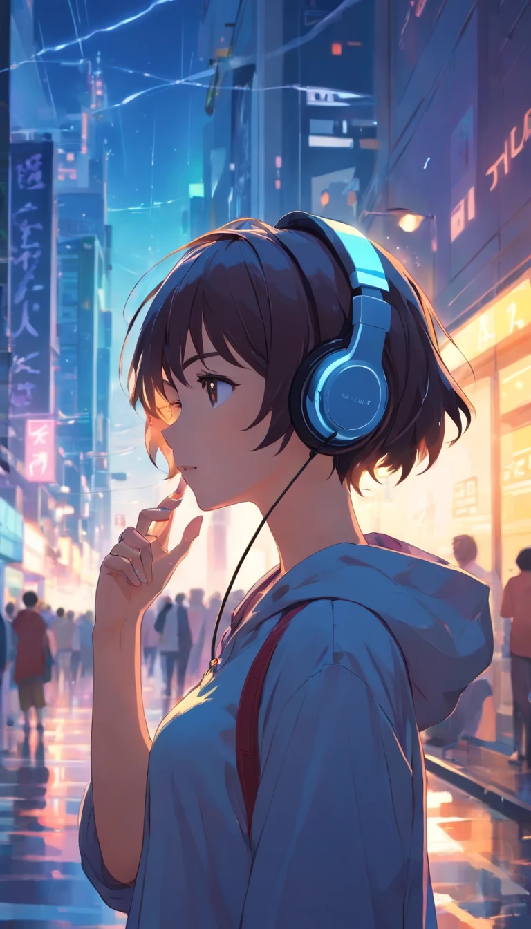 night、Girl listening to music in a cozy room, Use headphones, 2D Style Anime,  Rain outside the window、Analog Color Theme、Ghibli style、neon, naked, completly naked, close up, detailed background, chill, detailed outdoor, detailed face, city light, long hair, smile