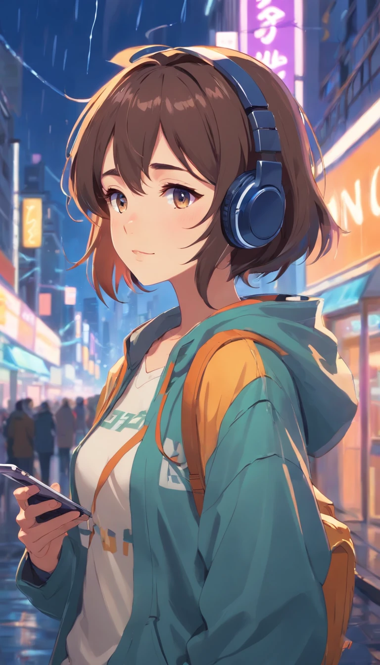 Girl listening to music with a headset,ela usa roupas americanas, chuva na janela. wallpaper