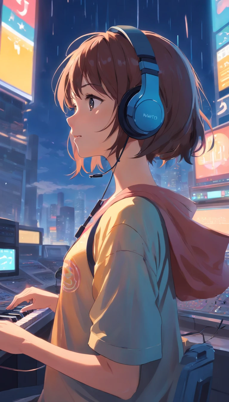 Girl listening to music with a headset,ela usa roupas americanas, chuva na janela. wallpaper