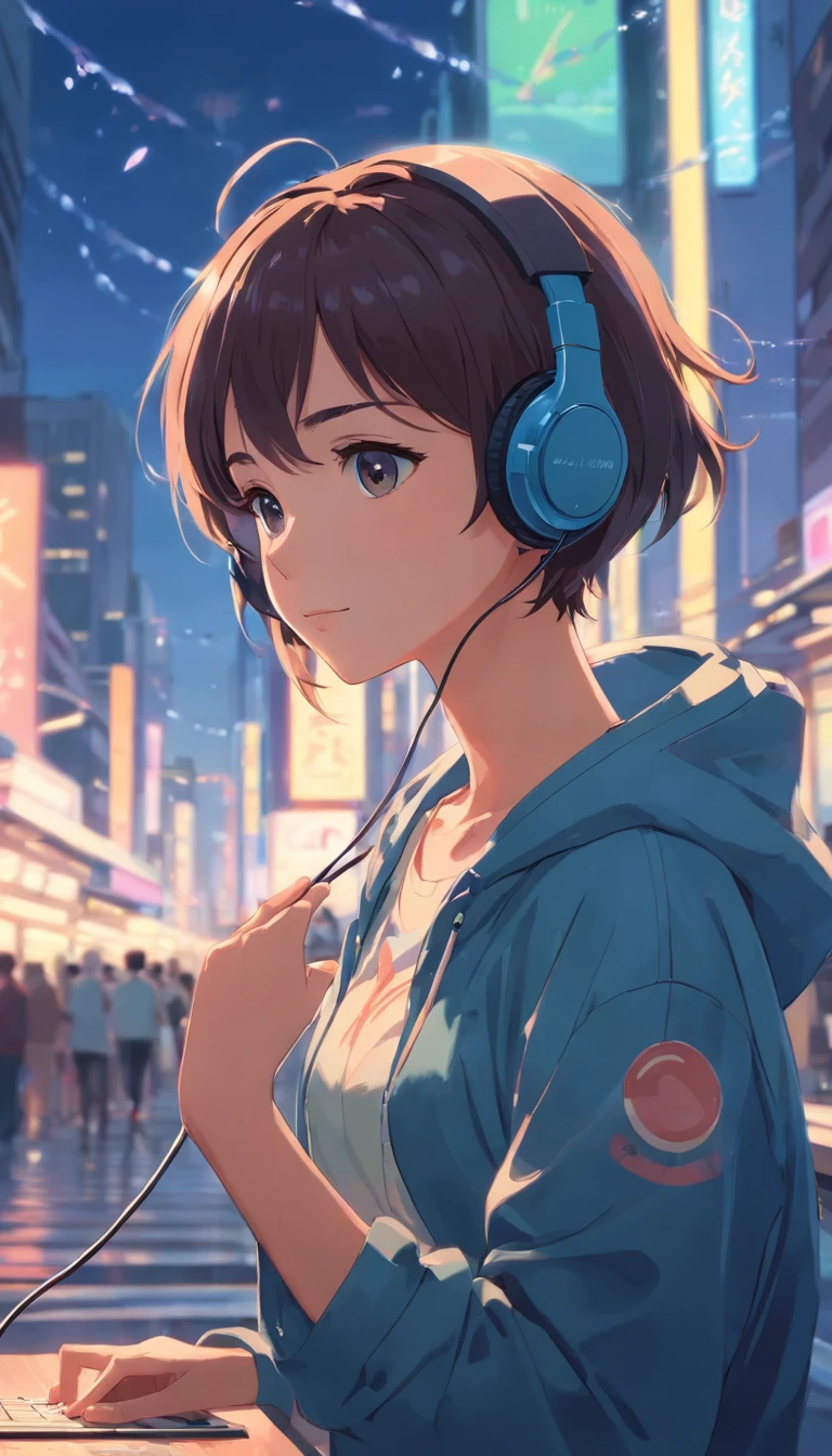 Girl listening to music with a headset,ela usa roupas americanas, chuva na janela. wallpaper