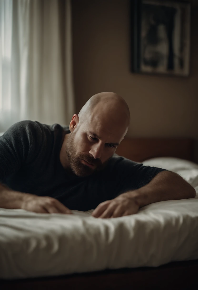 Brutal bald 35-year-old Russian man with a shaved face and hairy chest lying on a bed in a hotel room, He is wearing only underpants and has very hairy bare feet