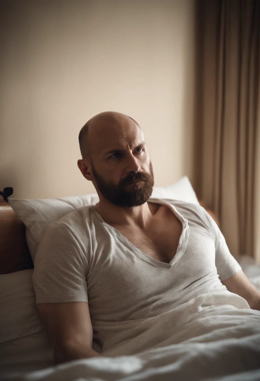 Brutal bald 35-year-old Russian man with a shaved face and hairy chest lying on a bed in a hotel room, He is wearing only underpants and has very hairy bare feet