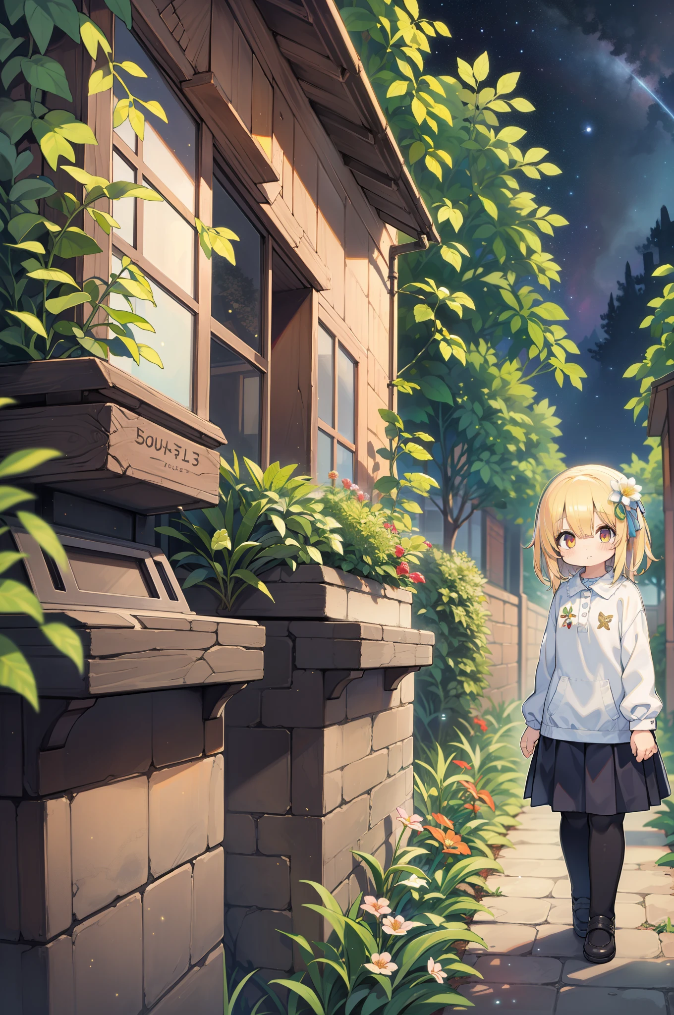 of the highest quality, high_resolution, Distinct_image, Detailed background, girl, flower, garden, Starry sky,tiny girl