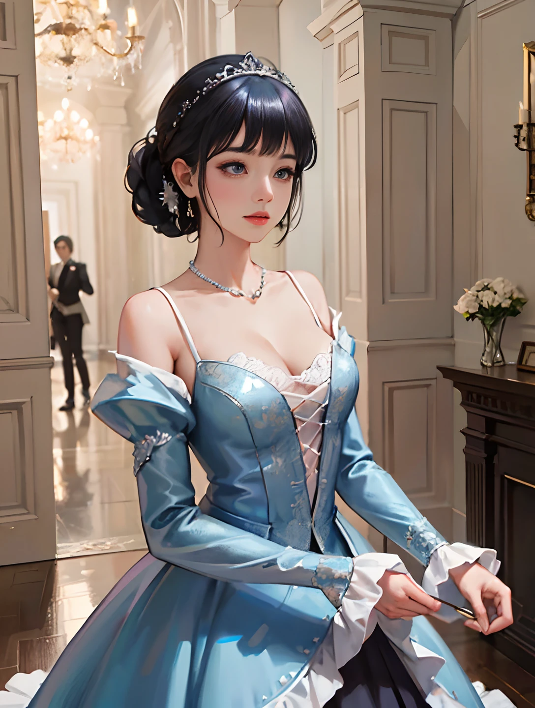 Cinderella arriving at the ballroom: Cinderella is wearing a blue gown. Her hair is styled in an elegant updo. Ballroom walls are pearl white. Ballroom guests are elegantly dressed. ball gown and tuxedo. The setting is a grand ballroom with chandeliers and polished marble floors. The camera used is a high-end DSLR model. The composition focuses on Cinderella's steps. The viewpoint is slightly higher, capturing the grandeur of the scene. The lighting is soft and warm, creating a romantic atmosphere. The depth of field is shallow, with Cinderella clearly in focus and the background slightly blurred. The shutter speed was set to freeze the motion and capture the details of Cinderella's dress. The photos are of high quality, featuring vivid colors and sharp details. Additional photographic terms: bokeh effect, golden hour lighting, wide aperture, Blunt Bangs, purple eyes, long dark blue hair,portrait