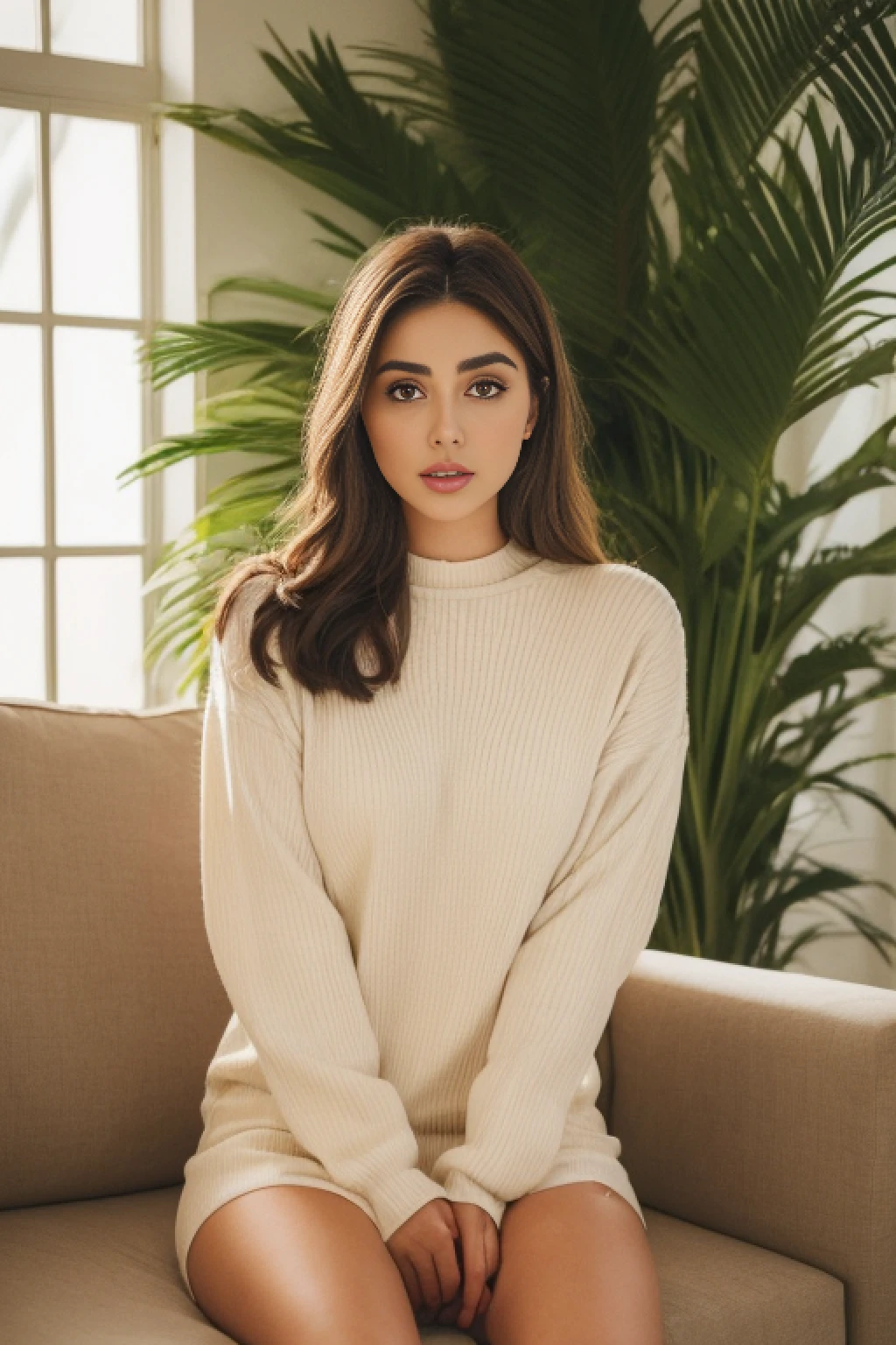 arafed woman sitting in sunny living room, a portrait inspired by Gina Pellón, instagram, tachisme, violet myers, lorena avarez, olivia culpo, alanis guillen, looks like laura barriales, portrait sophie mudd, tanned ameera al taweel, beautiful mexican woman