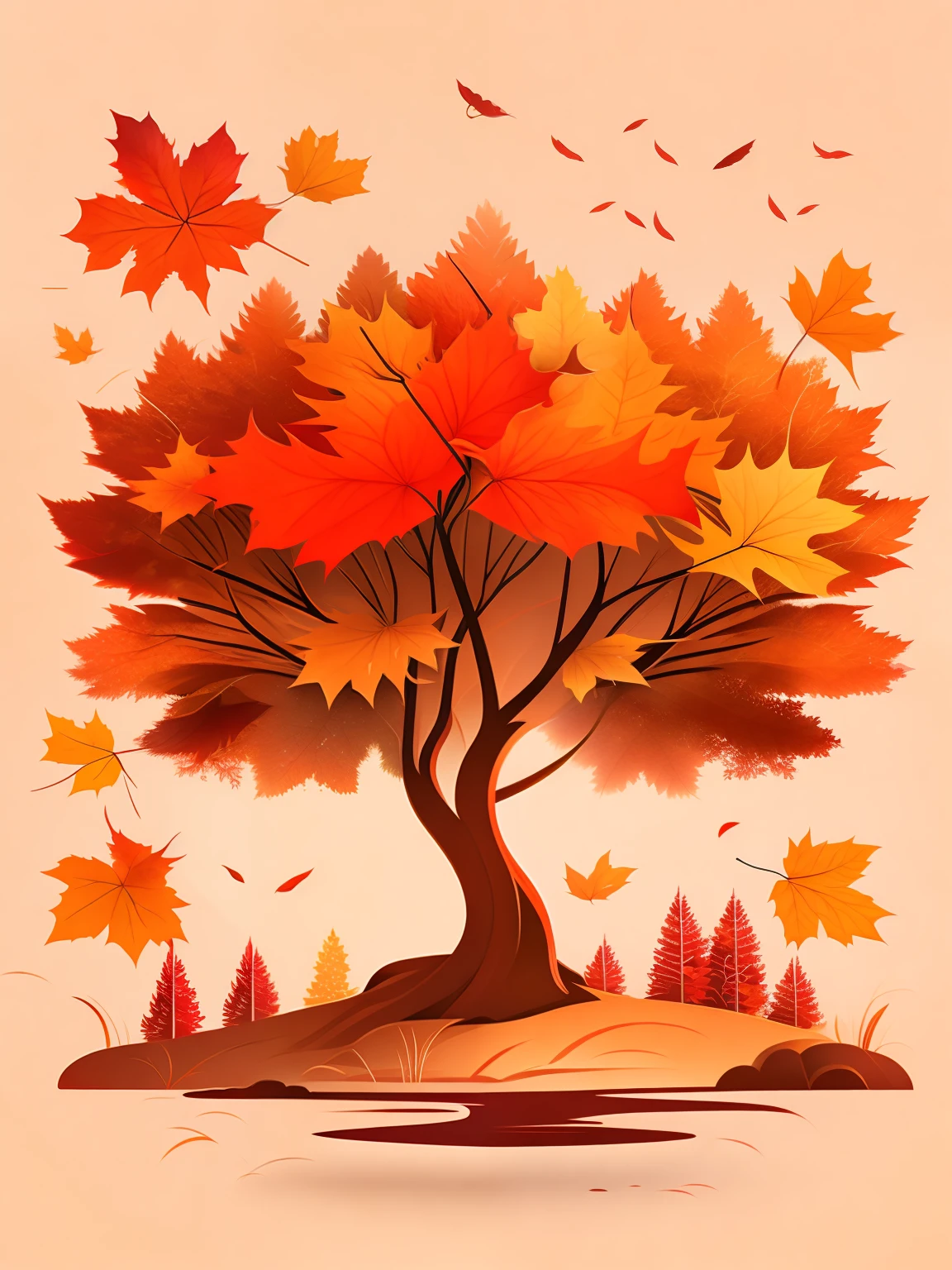 Maple in the autumn landscape、T-shirt design、rzminjourney、Vector art