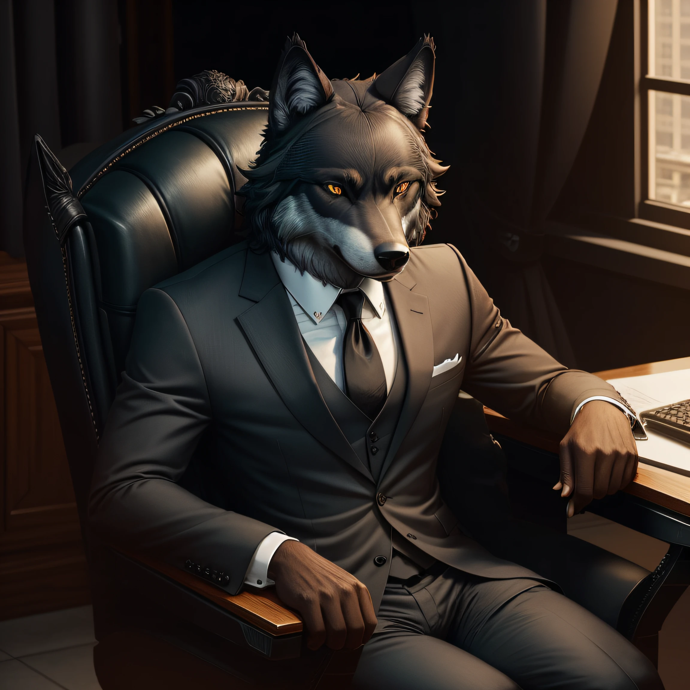 symmetric portrait, black Male wolf-headed (gray wolf) man in suit, sitting in a business manager chair