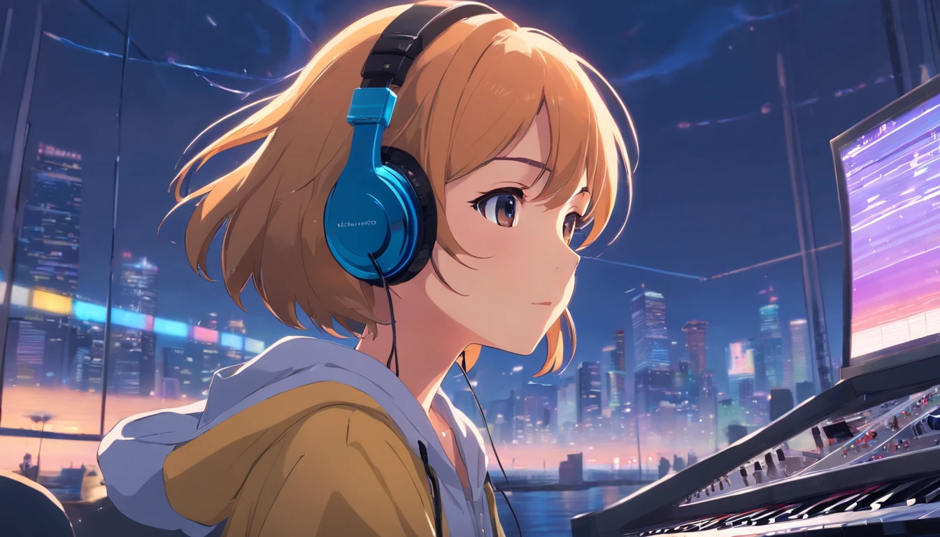 Girl listening to music with a headset,ela usa roupas americanas, chuva na janela. wallpaper