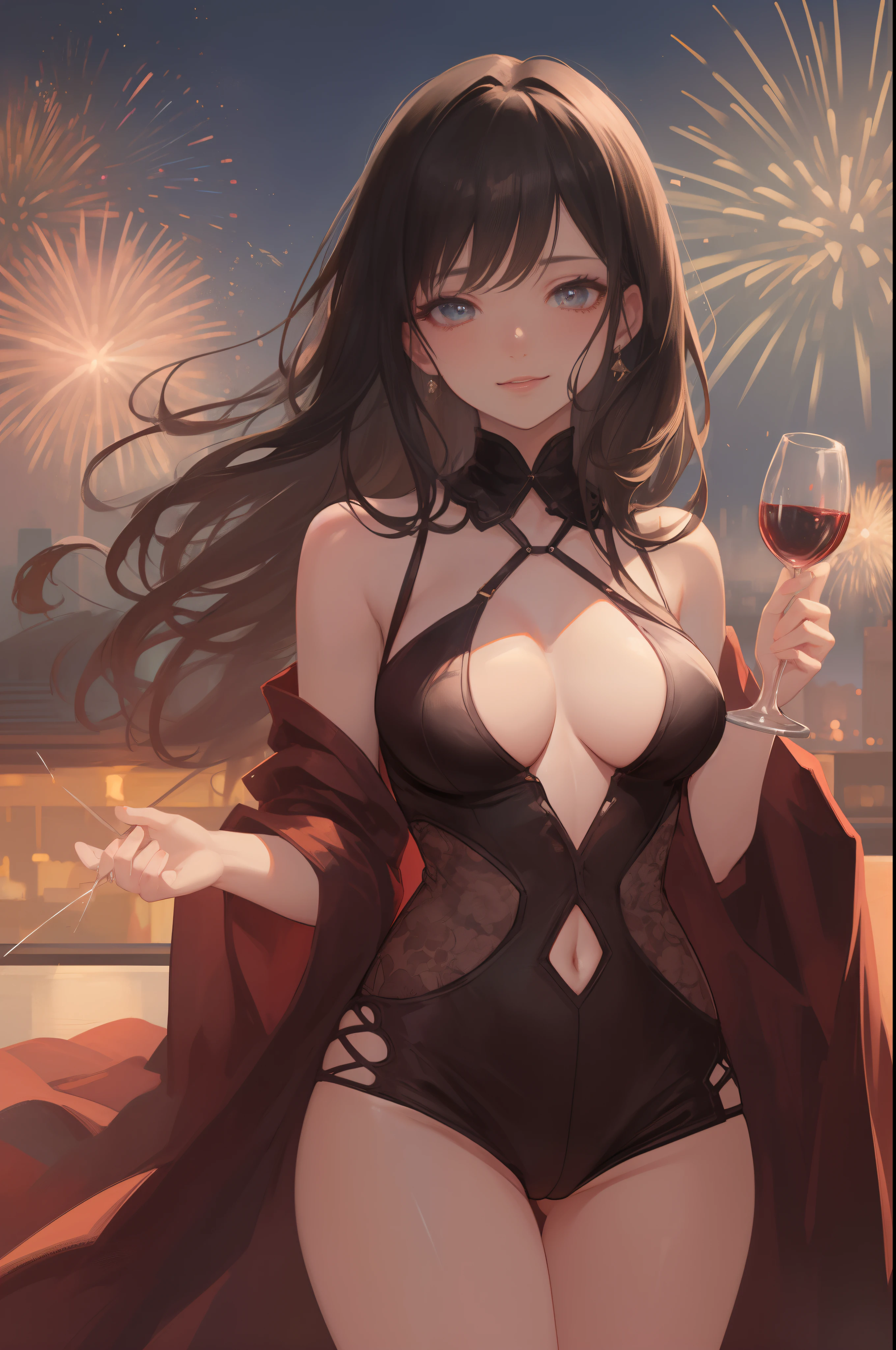 ((A sexy and beautiful woman holding a wine glass and looking at me on the terrace)), ((The cutest 22-year-old beauty)), Charming smile, ((Fireworks in the background) ), ((Very long hair) ), ((One piece with a lot of exposed parts)), ((Rich bust)), Gradient eyes, Seductive makeup, Single view, NFFSW, UHD, Retina, Masterpiece, Accurate, Anatomy Scientifically correct, textured skin, super detail, high detail, high quality, award winning, highest quality, high resolution, 1080P, HD, 4K, 8k, 16k