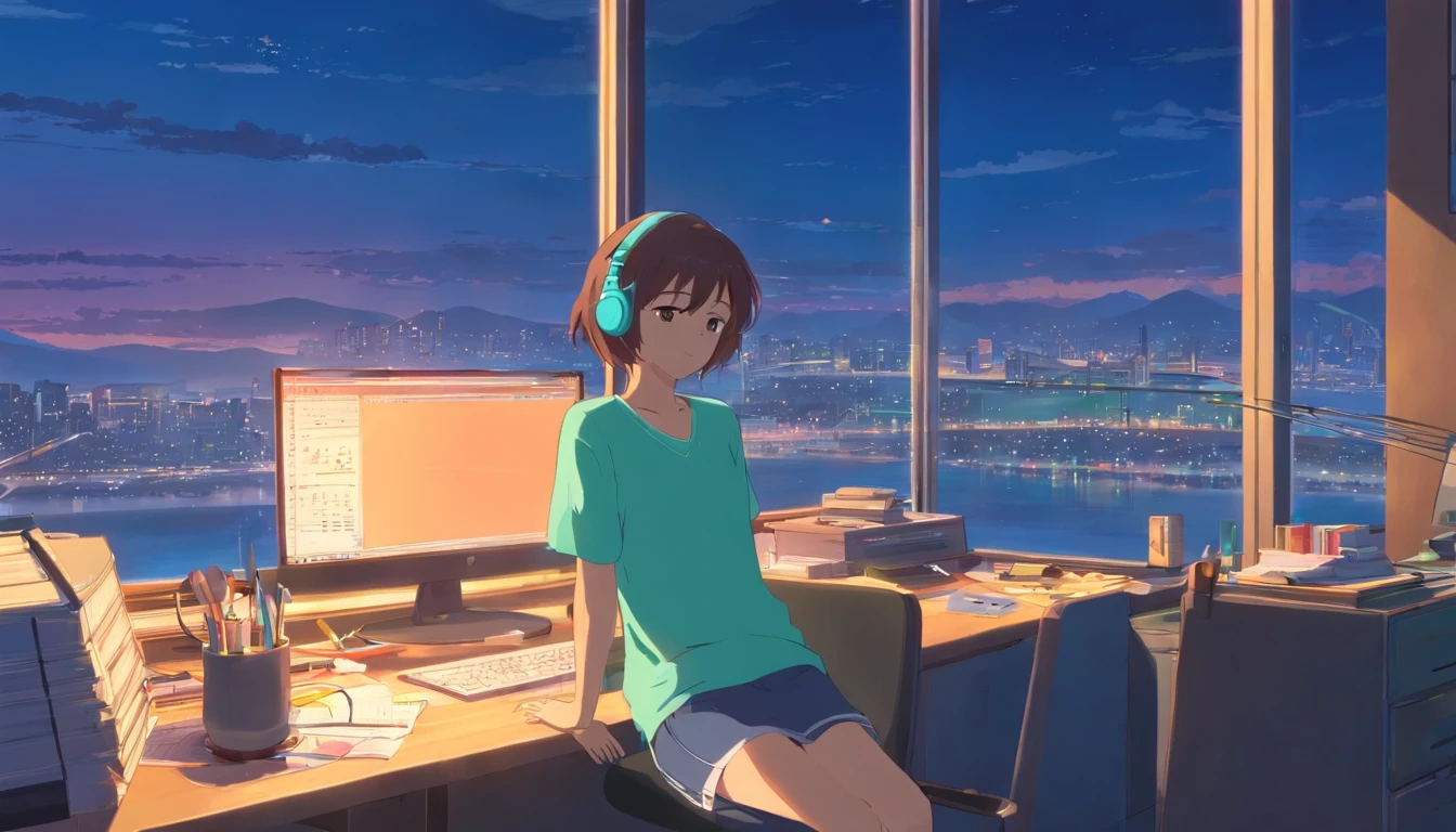 portlate、512、lo-fi、Girl in headphones sitting on a chair、Napping at your desk、Eyes closed、City view outside the window、early evening、PastelColors、Painting