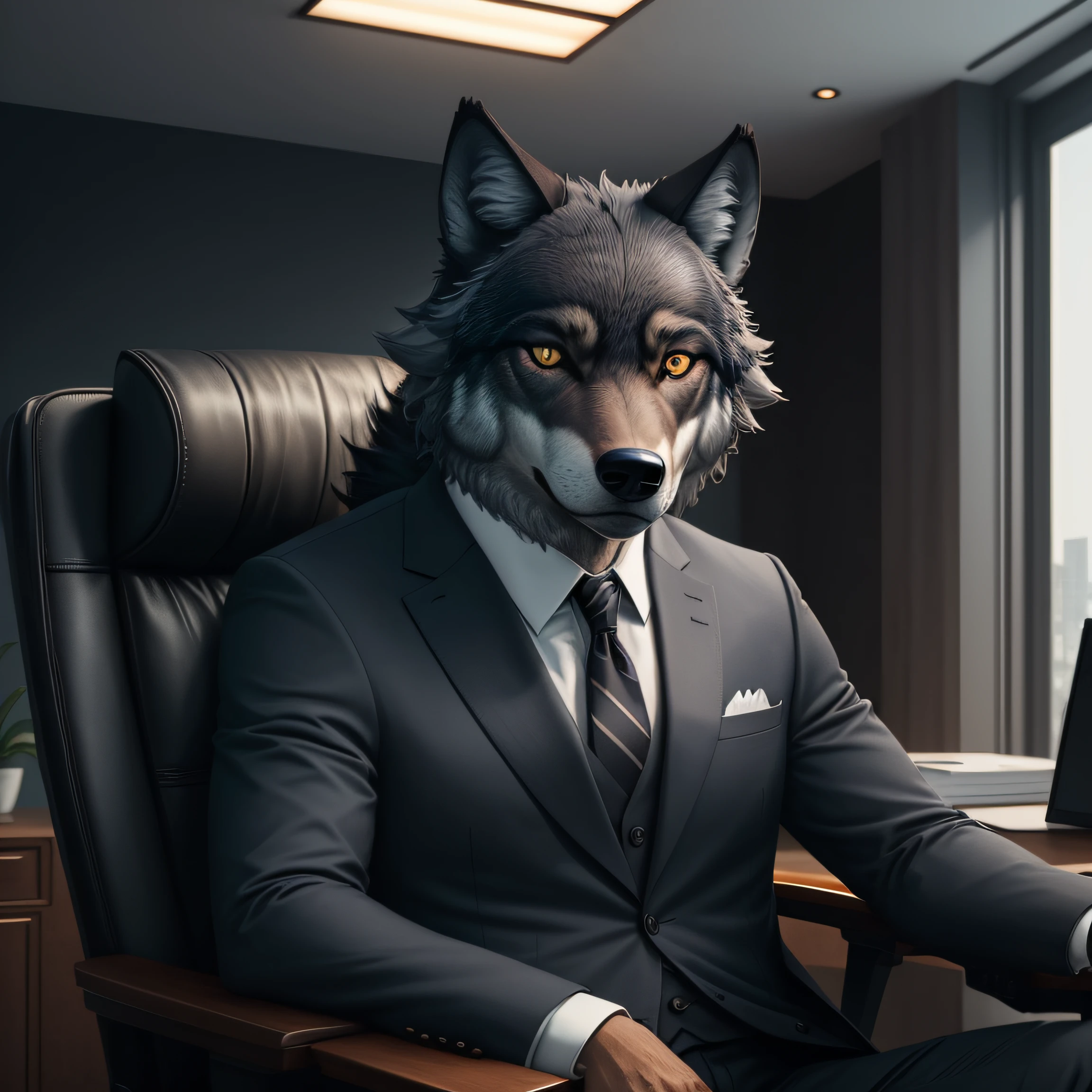 symmetric portrait, black Male wolf-headed (gray wolf) man in suit, sitting in a business manager chair
