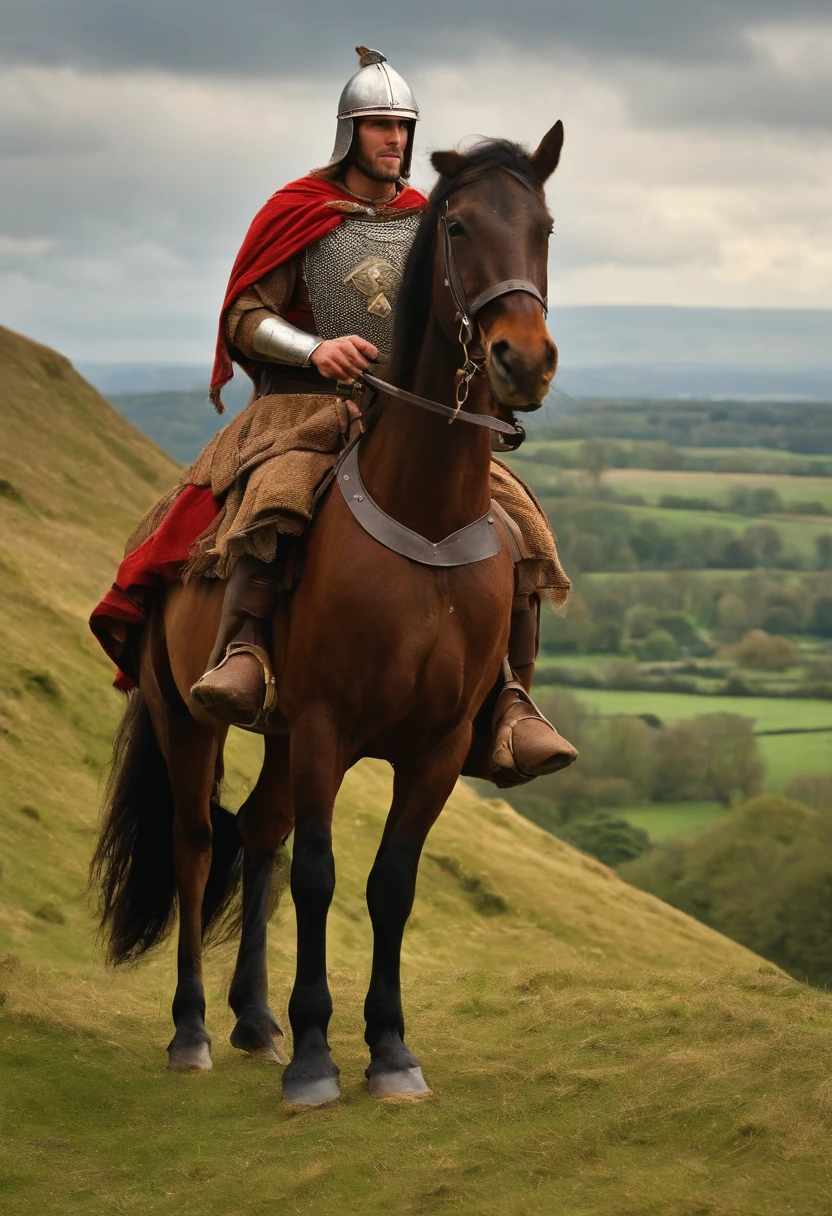 romano-briton warrior, dark age, 450 ad, welsh, brittonic warriors, welsh chieftain, british hillfort, iron age hillfort, tartan tunic, late roman ridge helmet, arthurian age, riding a horse,