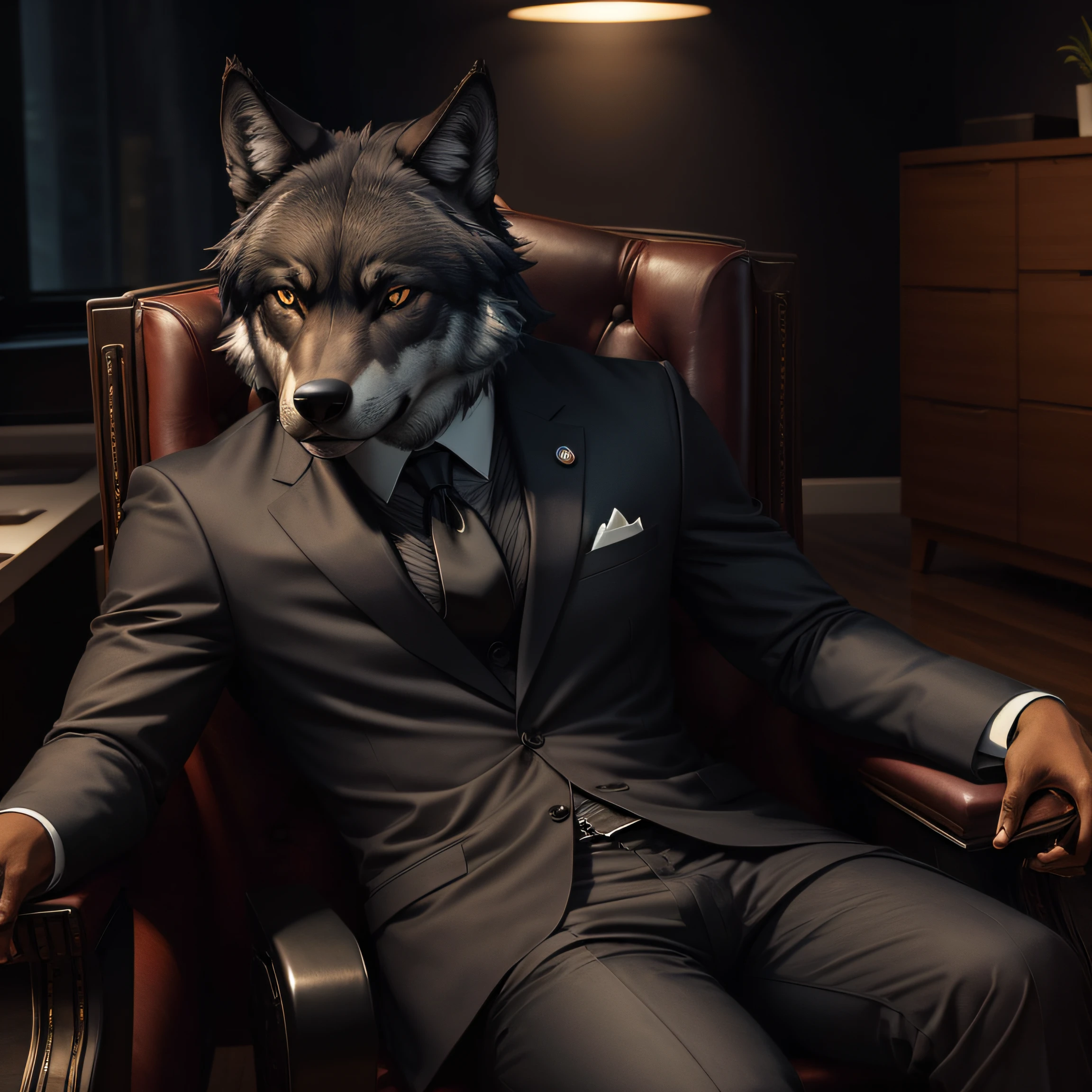 symmetric portrait, black Male wolf-headed (gray wolf) man in suit, sitting in a business manager chair