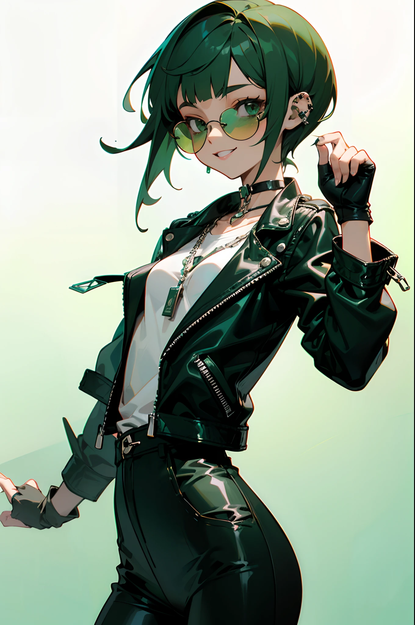 girl, ((Emerald green short hairstyle)), ((Aviator Sunglasses)), (Tomboy), Big smile, Street Bandit Clothing, Leather jacket, White T-shirt, Small breasts, Black leather jacket, Street Bandit Leather Pants with Silver Chain, spike choker, Piercing ears, Fingerless gloves, Light green background, Glasses lowered, Easy to live 2D, Flat Art, charming figure