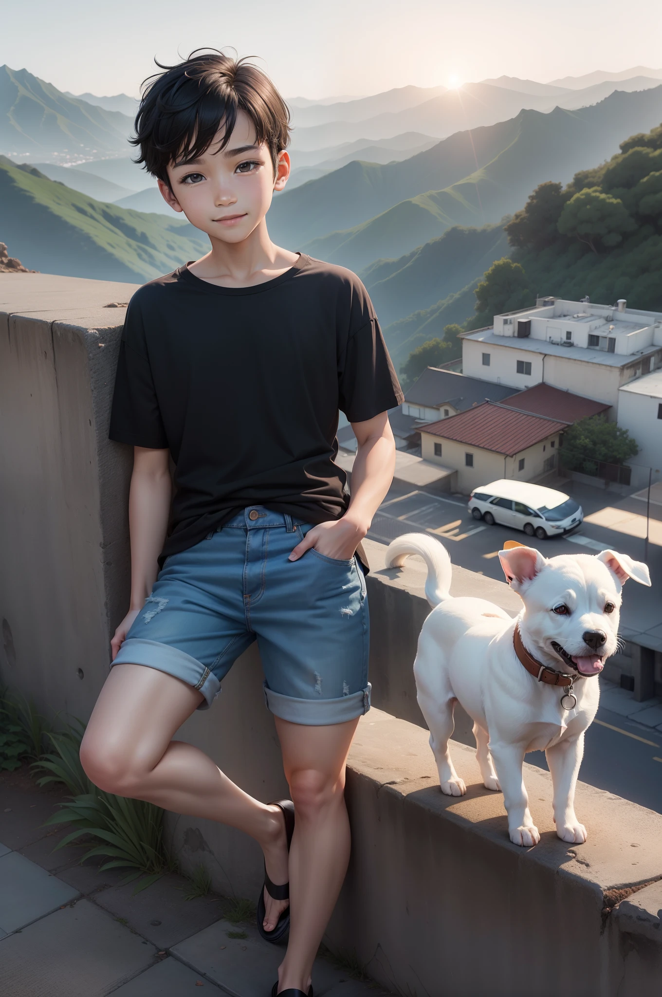 Best Quality, 超A high resolution, ar old,e boy and a white puppy, White Jack Russell, Solo, Short black hair, Black eyes, Black shirt, Short denim pants　innocent smiles　Street, (Externally expanded Chest: 1.2)　On a hill with a view　Cityscape with beautiful sunset　Red-collar puppies　real looking skin　Beautiful expression　in mountains　Wear an Aloha shirt　Long pants in denim only on the right leg