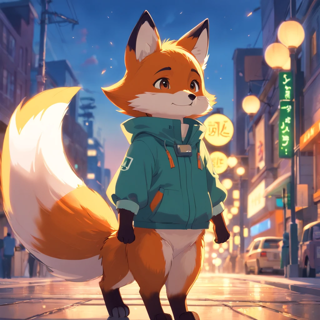 Adorable fox in Pixar movie style, usando um capuz, cinematic lighthing, Depth detection, hiper detalhada, qualidade 8k.