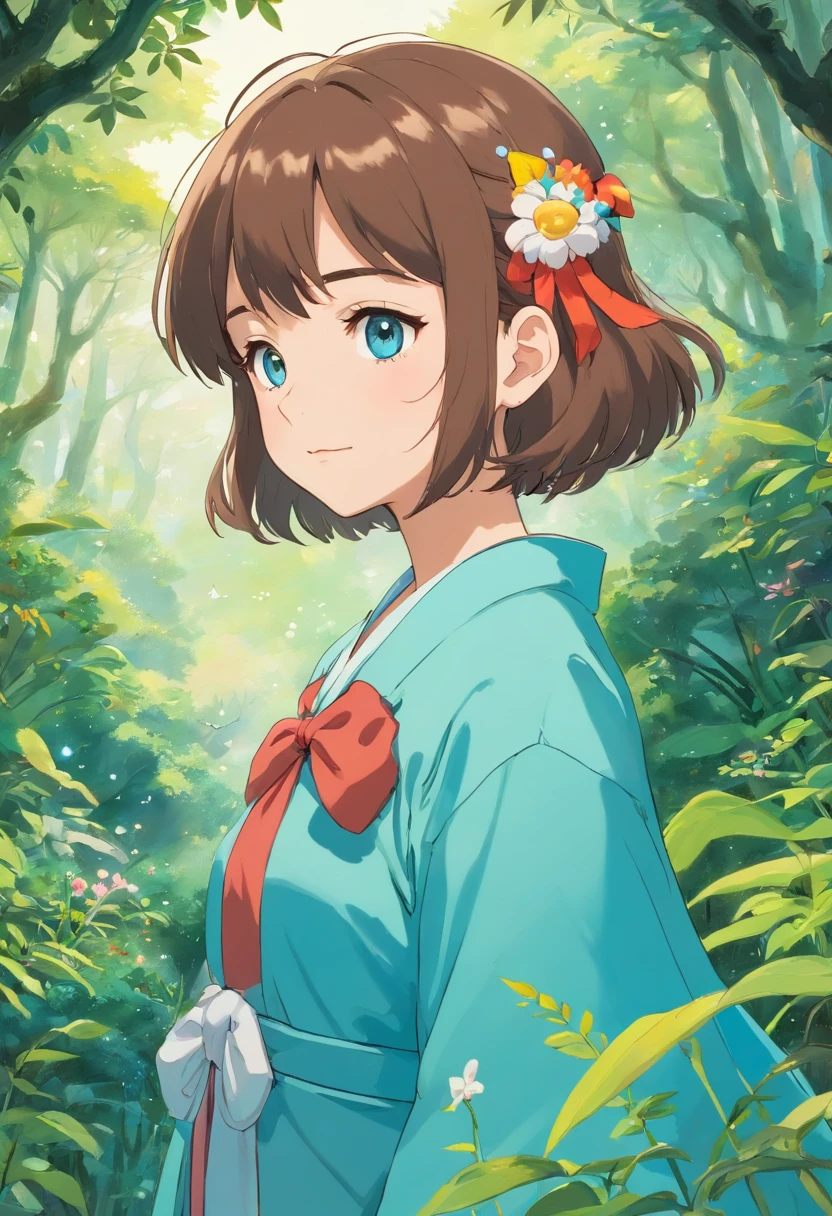 uma menina usando um colar de anime, um colar longo e brincos, no estilo de paisagens de jardim tranquilas, animated color photos, Masami Teraoka, aquamarine, Paulo Gauguin, Estilo Embry, retrato honesto