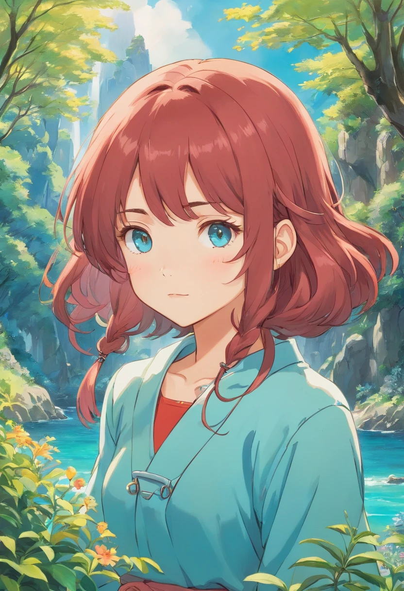 uma menina usando um colar de anime, um colar longo e brincos, no estilo de paisagens de jardim tranquilas, animated color photos, Masami Teraoka, aquamarine, Paulo Gauguin, Estilo Embry, retrato honesto