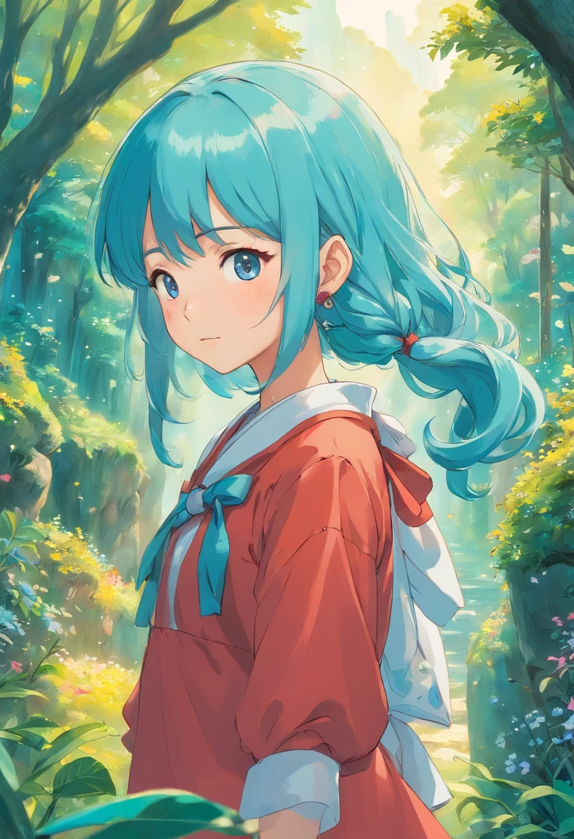 uma usando um colar de anime, um colar longo e brincos, no estilo de paisagens de jardim tranquilas, animated color photos, Masami Teraoka, aquamarine, Paulo Gauguin, Estilo Embry, retrato honesto