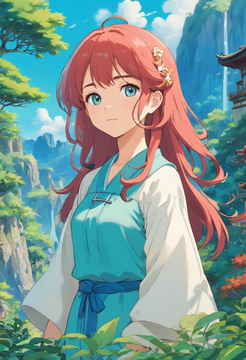 uma usando um colar de anime, um colar longo e brincos, no estilo de paisagens de jardim tranquilas, animated color photos, Masami Teraoka, aquamarine, Paulo Gauguin, Estilo Embry, retrato honesto