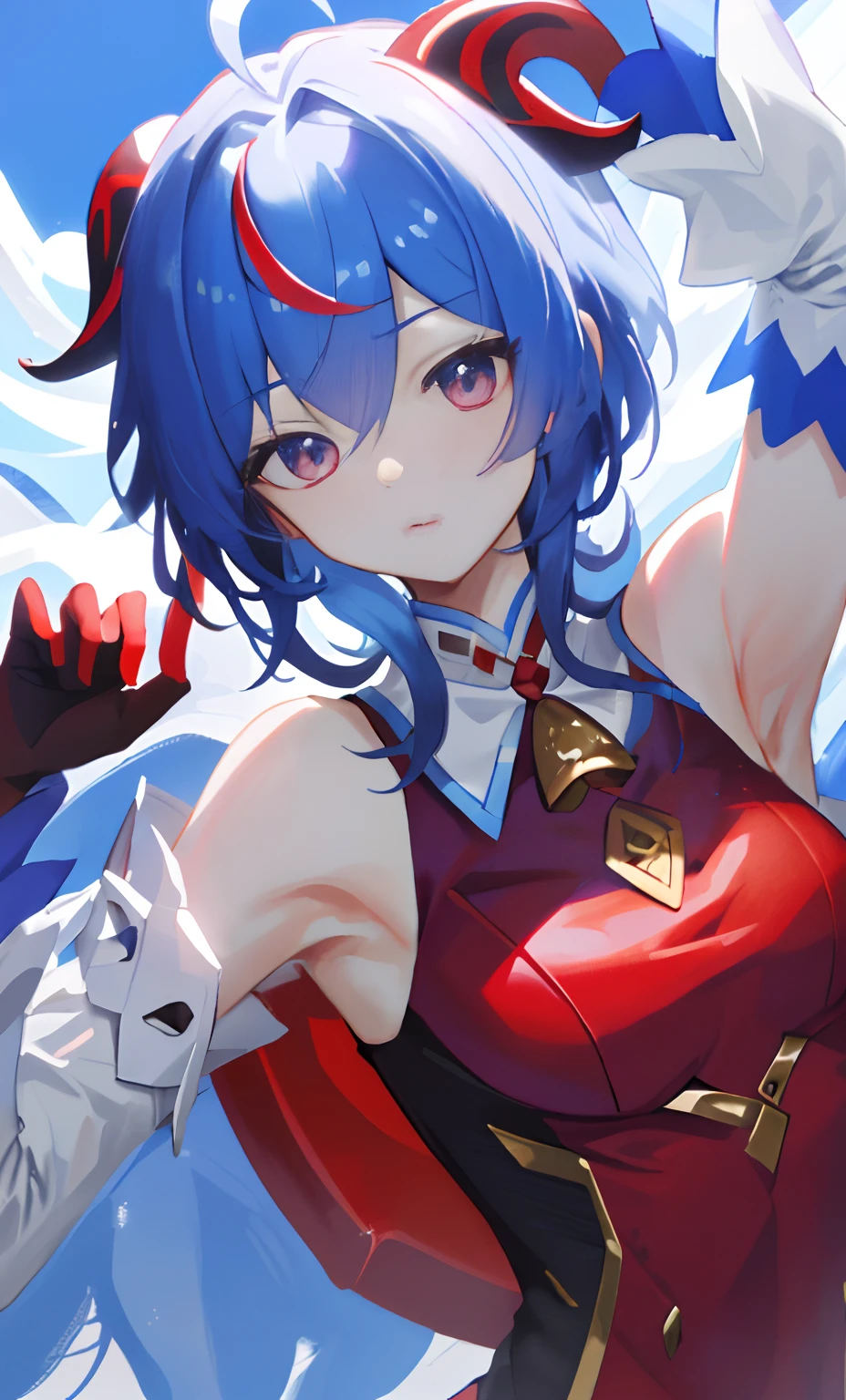 ((tmasterpiece,4k wallpaper,best qualtiy))ganyudef, Be red in the face, In the daytime, simple backgound, blue-sky, short detailed hair, Moody light,light blue hair,light particules,Blue Themes,Busty body,face expressionless,Brilliant,smooth thigh