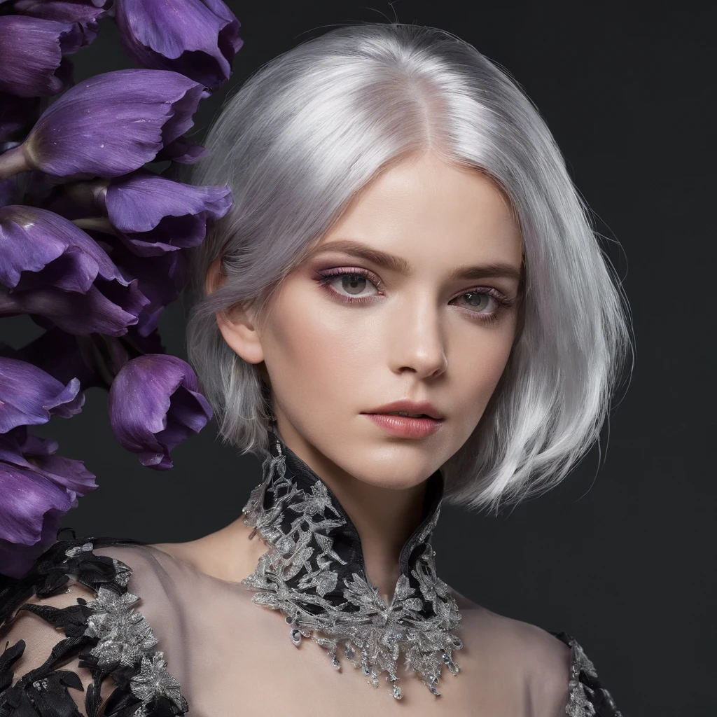 Menina com um vestido preto,silver hair, purple iris,no meio de uma floresta escura,corvos