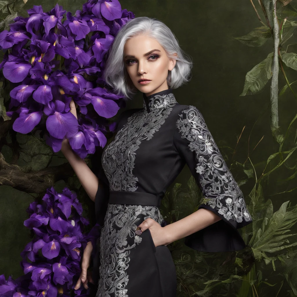 com um vestido preto,silver hair, purple iris,no meio de uma floresta escura,corvos
