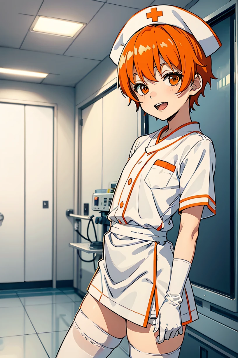 1 boy, Nurse, Nurse Cap, Whiteware, ((White legwear, zettai ryouiki)), White Gloves, Short short hair, Orange hair, Smile, Open mouth, Standing, ((Hospital room)), sharp outline, Short sleeves, Shota, ar old,st Quality, masutepiece