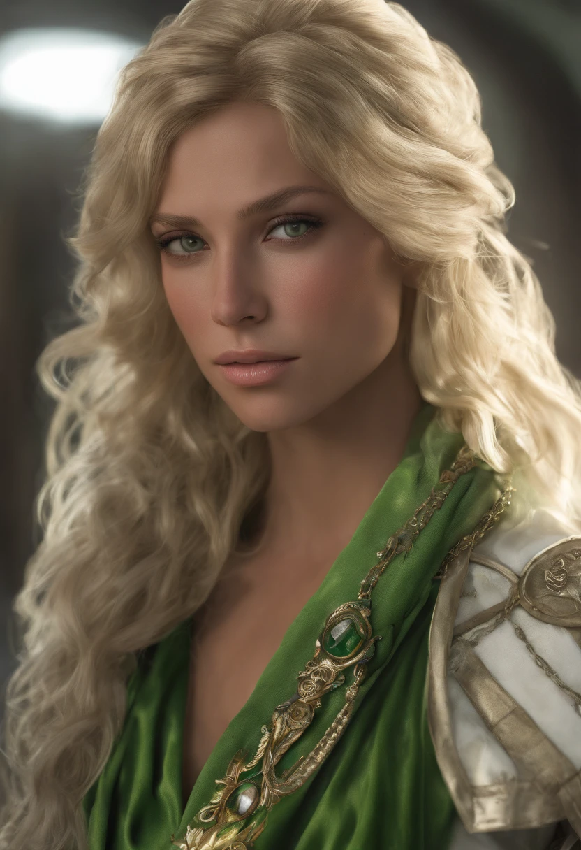 Photorealistic, High resolution, Soft light,1womanl, Solo, Slender muscular macho female body, (Detailed face), Blonde curls, sheer translucent robes, Large chest armor in green and white, Jewelry　Glowing green eyes　Slender and muscular lower body　enticing　超A high resolution　super precision　a smile　real looking skin　Beautiful expression