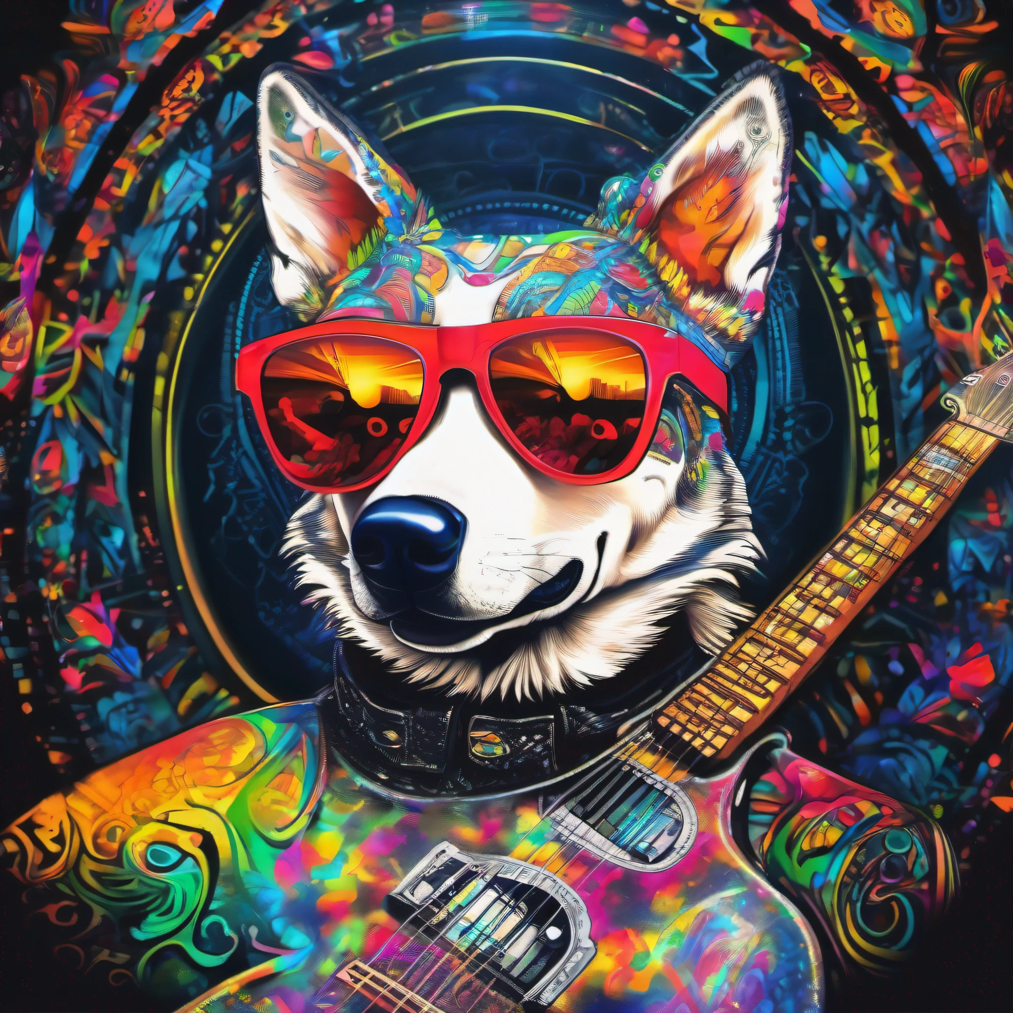 (1 wolf dog (anthropomorphic turtle))wearing a choker,with tattoos, sunglasses, Black leather jacket,(black glove),guitar,Psychedelic punk artist,Vivid colors, rim-light, Extremely detailed Cg Unity 8K wallpaper, trending on artstationh, Yayoi Kusama's pop art style, Intricate, High detail