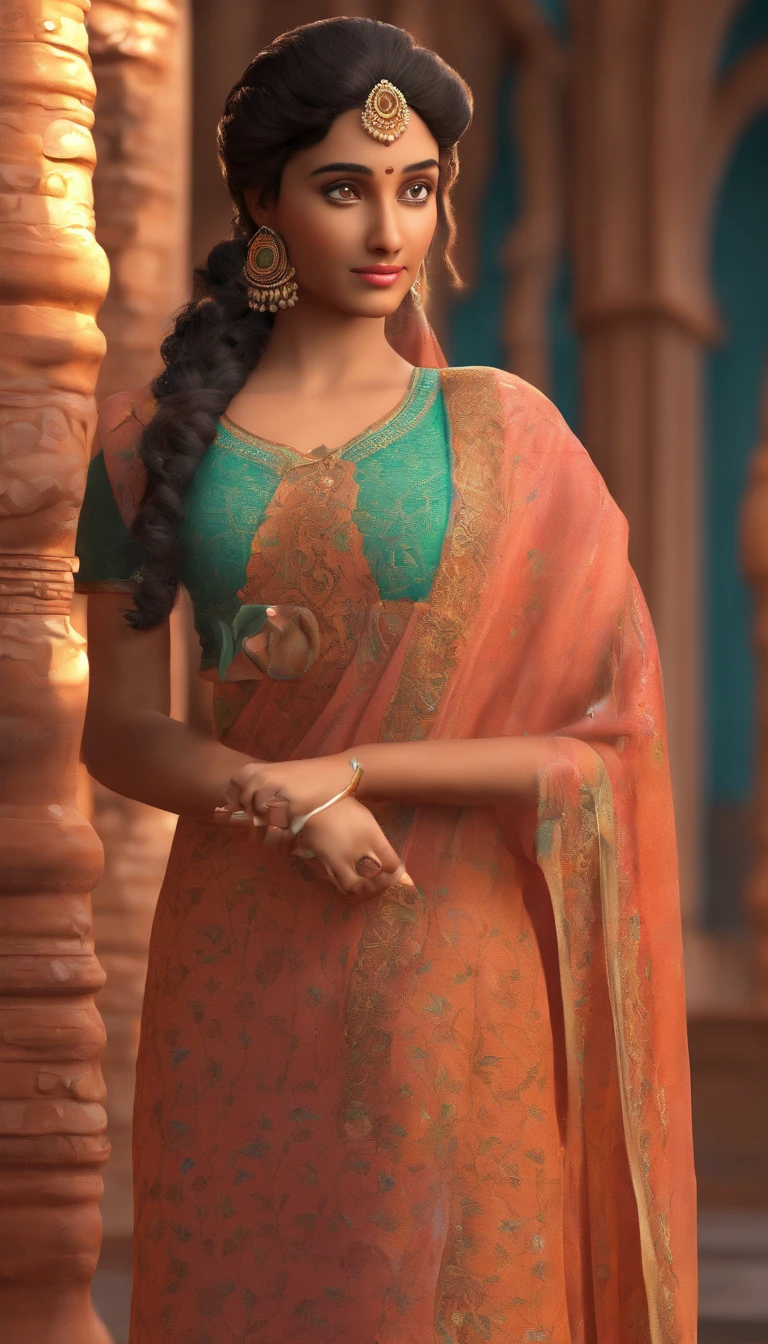 A 20 years old Indian girl in kurthi with beautiful face of an south indian and feminine body structure with frim boobs with Ultra Realistic