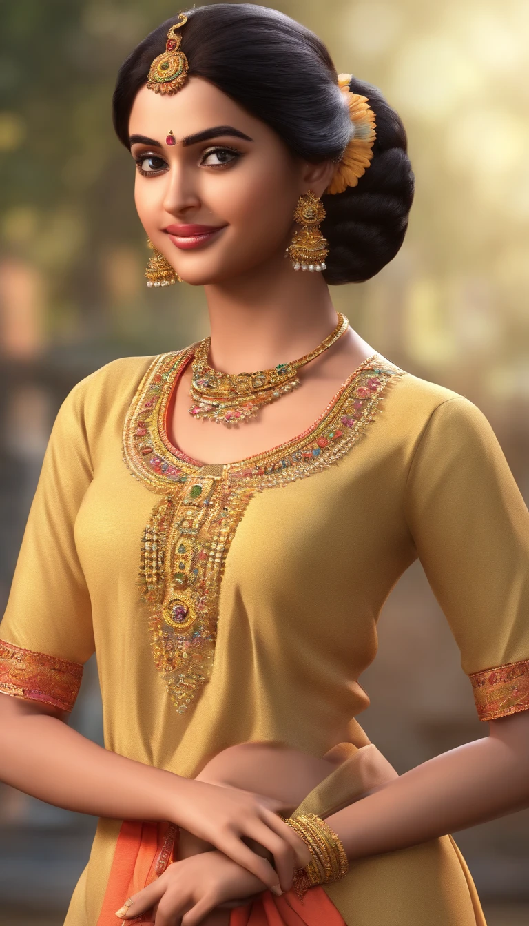 A 20 years old Indian girl in kurthi with beautiful face of an south indian and feminine body structure with frim boobs with Ultra Realistic