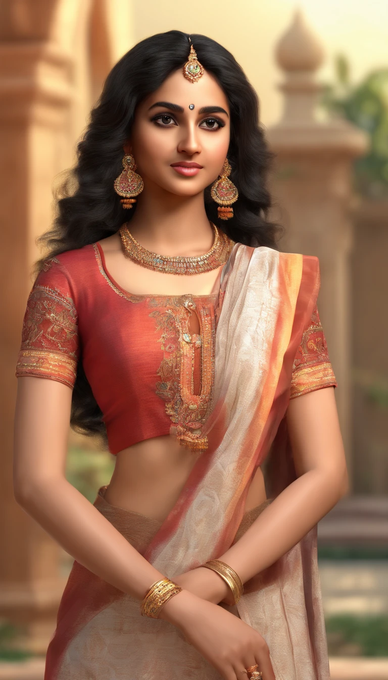 A 20 years old Indian girl in kurthi with beautiful face of an south indian and feminine body structure with frim boobs with Ultra Realistic