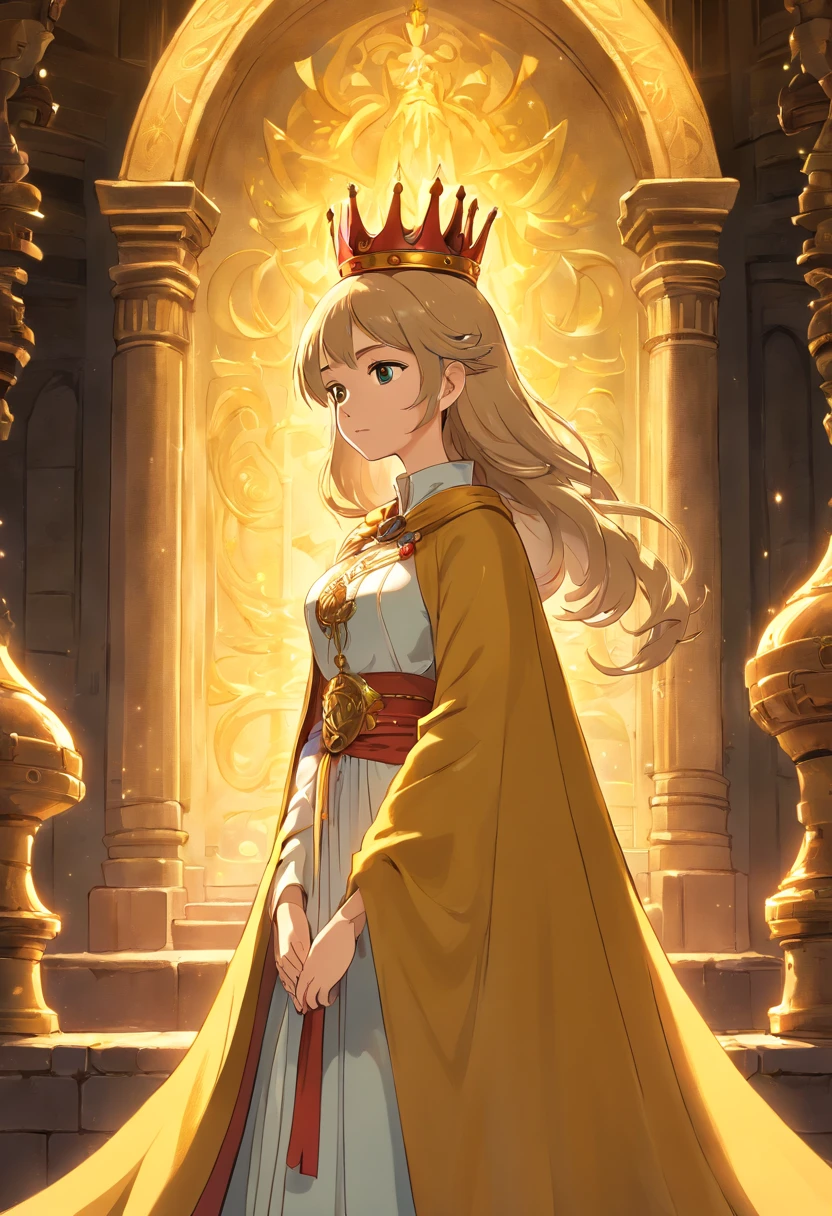 best quality, fantasy, digital art, intense gaze, golden crown, flowing cape, ancient castle, dimly lit, ethereal atmosphere, mystic symbols, powerful aura, dramatic lighting, mysterious background, ornate details
