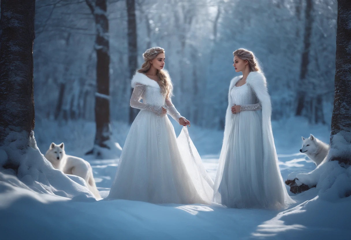 LITTLE WINTER PRINCESSES, WEARING WHITE PRINCESSES DRESSES, WINTER, SNOWING, NATURE, WHITE WOLVES, 8K, detailed matte painting, deep color, fantastical, intricate detail, splash screen, complementary colors, fantasy concept art, 8k resolution trending on Artstation Unreal Engine 5"