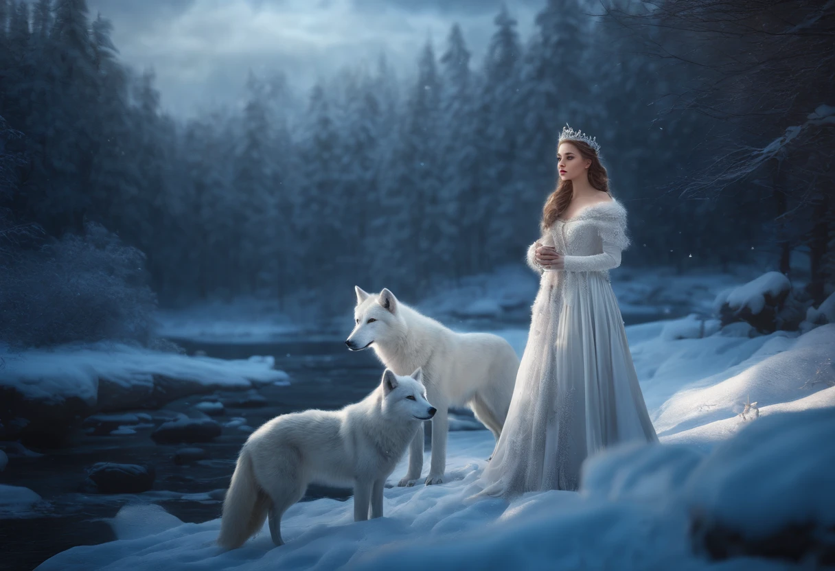 LITTLE WINTER PRINCESSES, WEARING WHITE PRINCESSES DRESSES, WINTER, SNOWING, NATURE, WHITE WOLVES, 8K, detailed matte painting, deep color, fantastical, intricate detail, splash screen, complementary colors, fantasy concept art, 8k resolution trending on Artstation Unreal Engine 5"