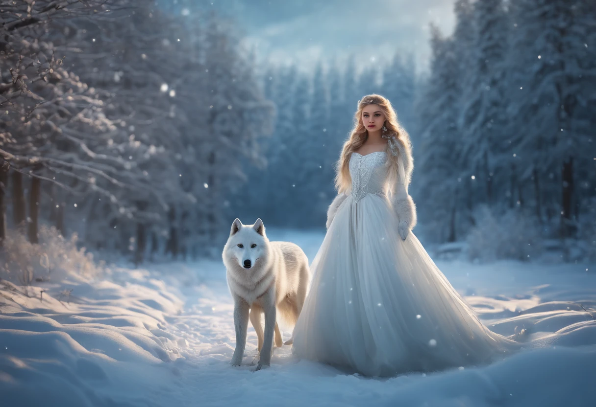 LITTLE WINTER PRINCESSES, WEARING WHITE PRINCESSES DRESSES, WINTER, SNOWING, NATURE, WHITE WOLVES, 8K, detailed matte painting, deep color, fantastical, intricate detail, splash screen, complementary colors, fantasy concept art, 8k resolution trending on Artstation Unreal Engine 5"