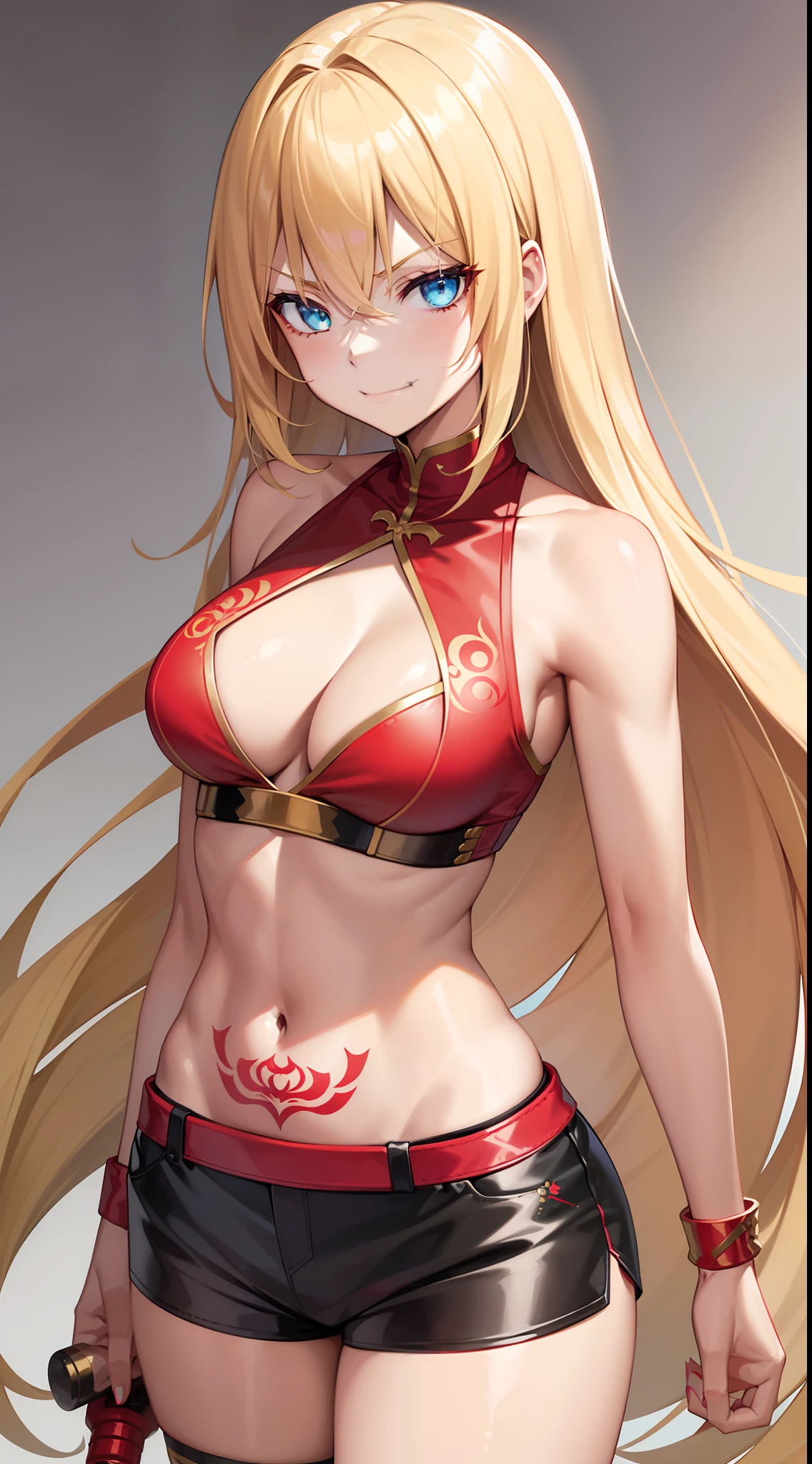 young girl, longue blonde hair, Hairpin with a bundle, turquoise eyes, Yakuza tattoos, red tight uniform, Sleeveless, Wide neckline on the chest to the abdomen, Gold Elements, Red gold armor, Shorts, claws, smirk, Masterpiece, hiquality, 4k, HD, Good detail