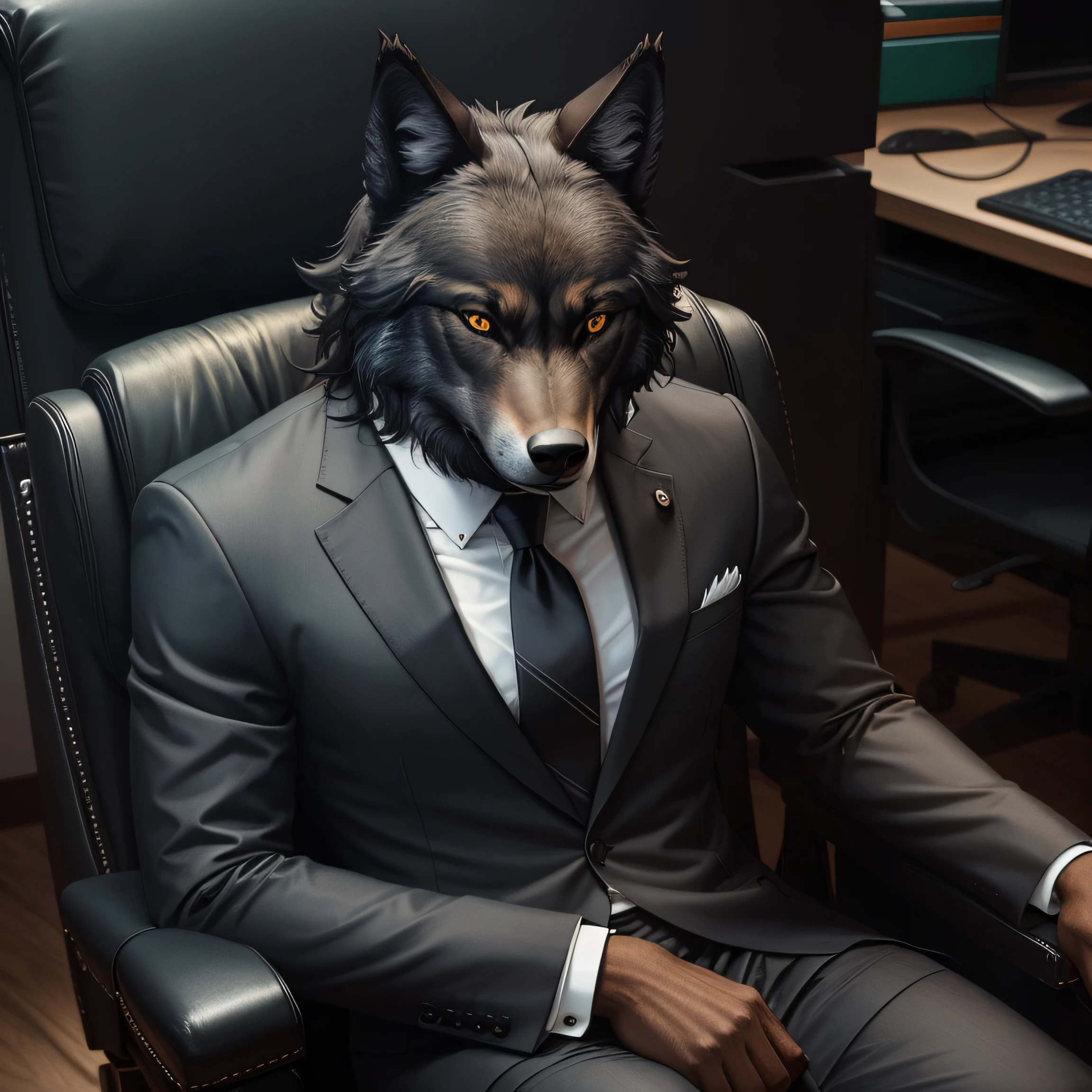 symmetric portrait, black Male wolf-headed (gray wolf) man in suit, sitting in a business manager chair