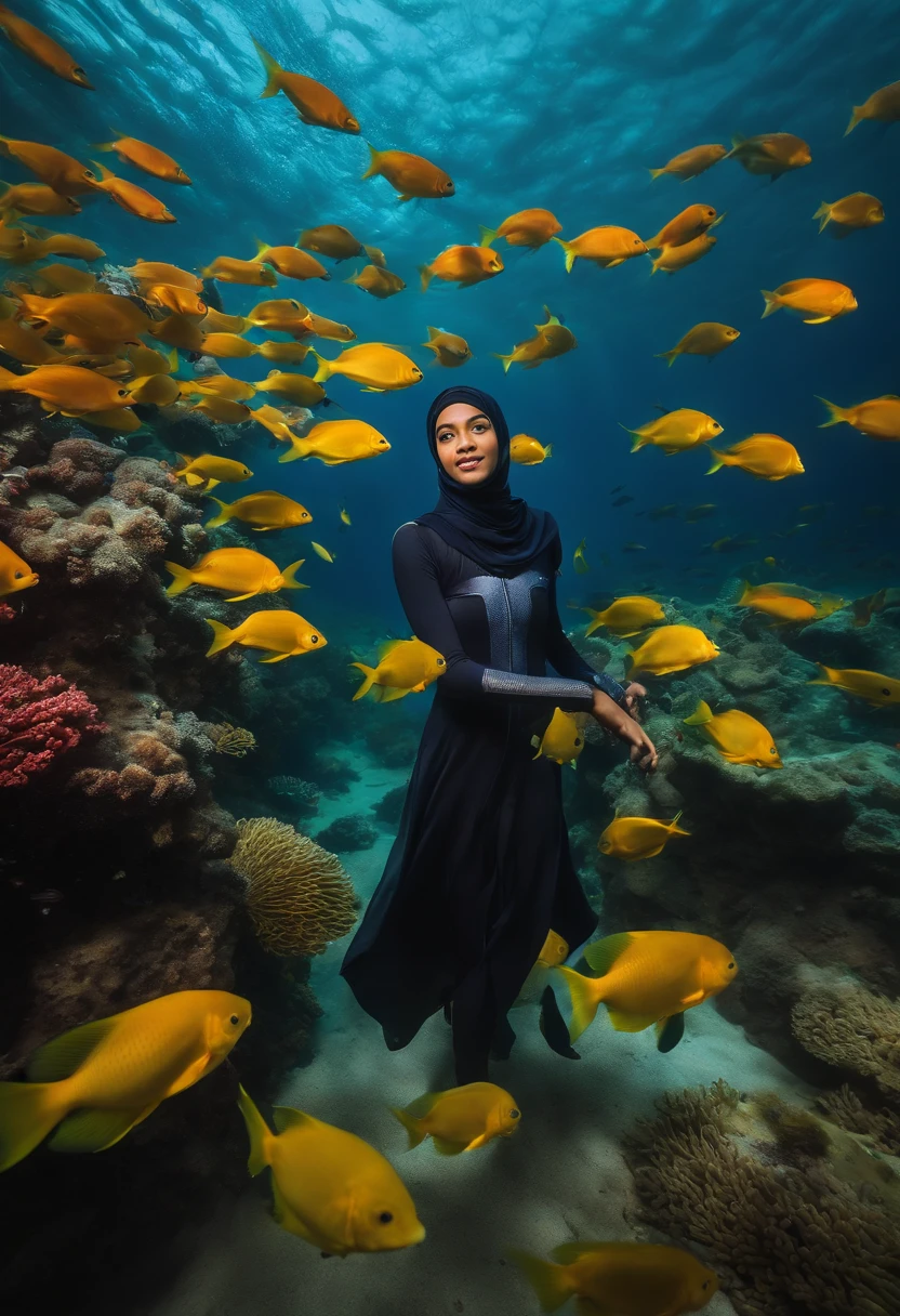 Compose a breathtaking underwater photograph featuring a Malay girl in a hijab and wetsuit, joyfully swimming amidst a large school of colorful fish in the ocean. Capture the fluidity of her swim movement and the genuine happiness on her face as she interacts with the marine life. Utilize underwater photography techniques to enhance the clarity and vibrancy of the underwater world, highlighting the diversity and beauty of the fish surrounding her. Showcase the unique blend of culture, nature, and adventure in this captivating image, evoking a sense of wonder and unity with the ocean's wonders