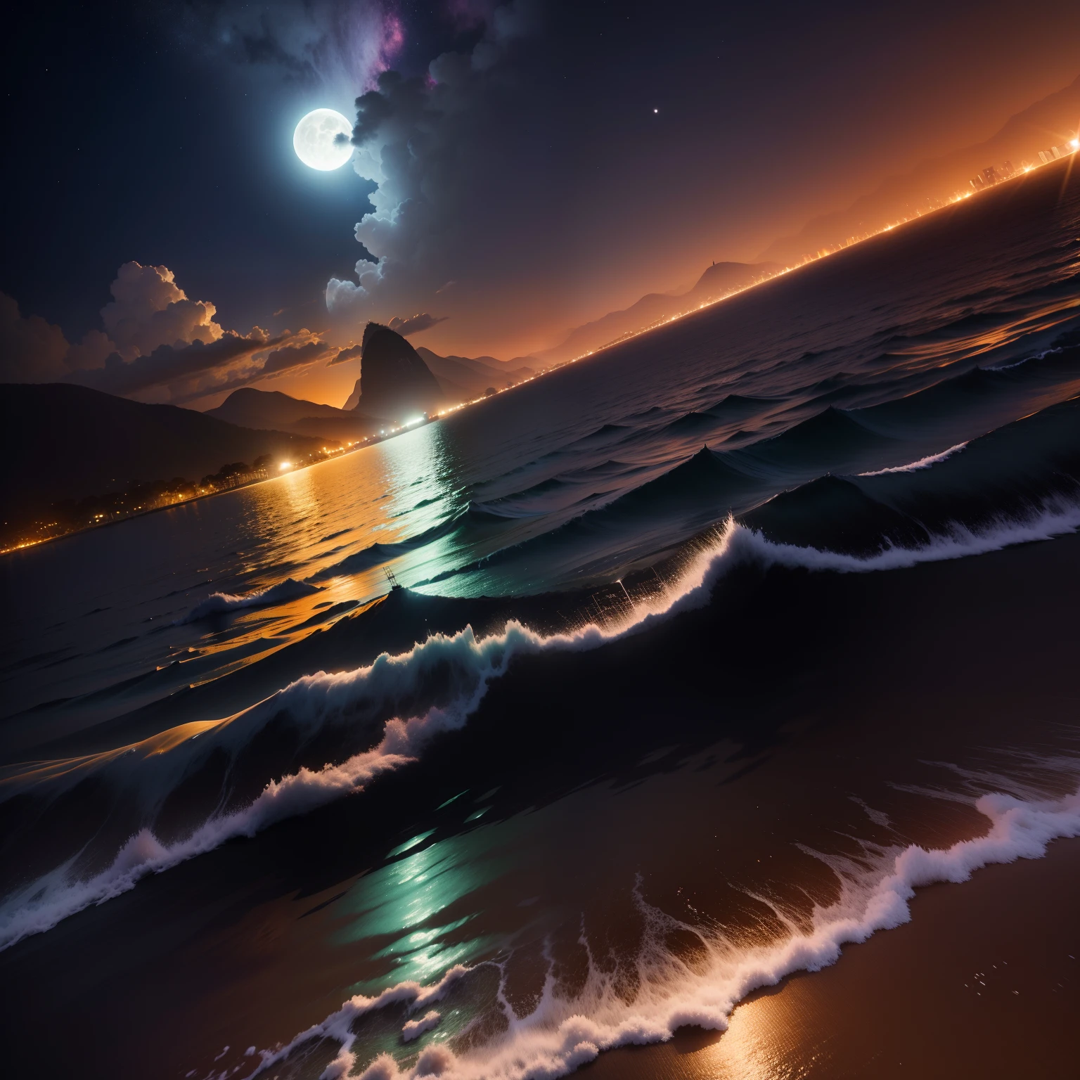 Paisagem ultra realista, lua grande no ceus, lugrande e brilhosa, sercado por nuvens escuras, ceu noturno, lua sobre um rio, reflexo na agua, reflexo da lua no rio, rio sercado pela mata, mata tensa, foto realista, paisagem, foto durante a noite, lua grande e redonda, reflexo da lua no rio, mata escura.
