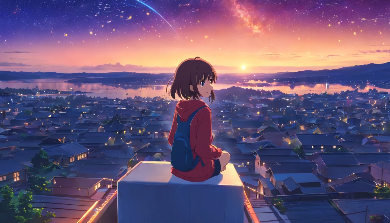 1 girl，outdoor, evening, starry sky, panoramic view, scenery, horizon, roof, sitting on the roof, wind, Extradimensional, CMYK, HSV, ProPhoto RGB, Sphere, Star Prism, Hypercube, Hyperprism, Hypertorus, Flexible Polyhedron, Klein bottle