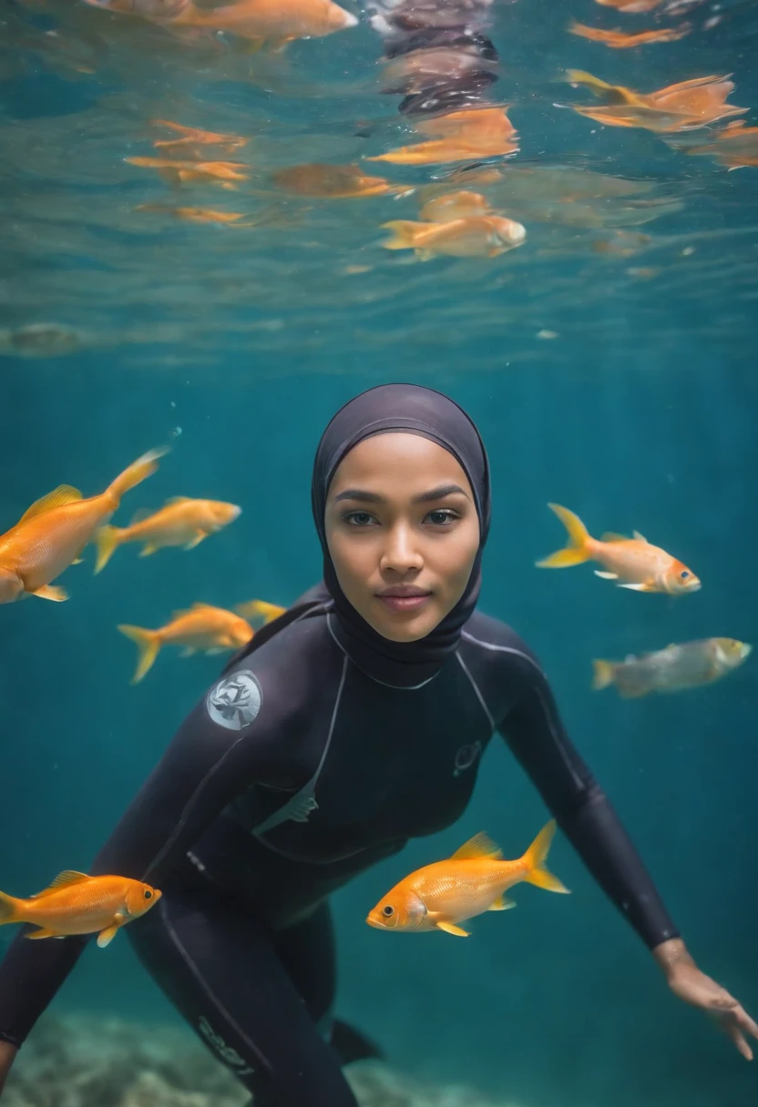 Compose a breathtaking underwater photograph featuring a Malay girl in a hijab and wetsuit, joyfully swimming amidst a large school of colorful fish in the ocean. Capture the fluidity of her swim movement and the genuine happiness on her face as she interacts with the marine life. Utilize underwater photography techniques to enhance the clarity and vibrancy of the underwater world, highlighting the diversity and beauty of the fish surrounding her. Showcase the unique blend of culture, nature, and adventure in this captivating image, evoking a sense of wonder and unity with the ocean's wonders