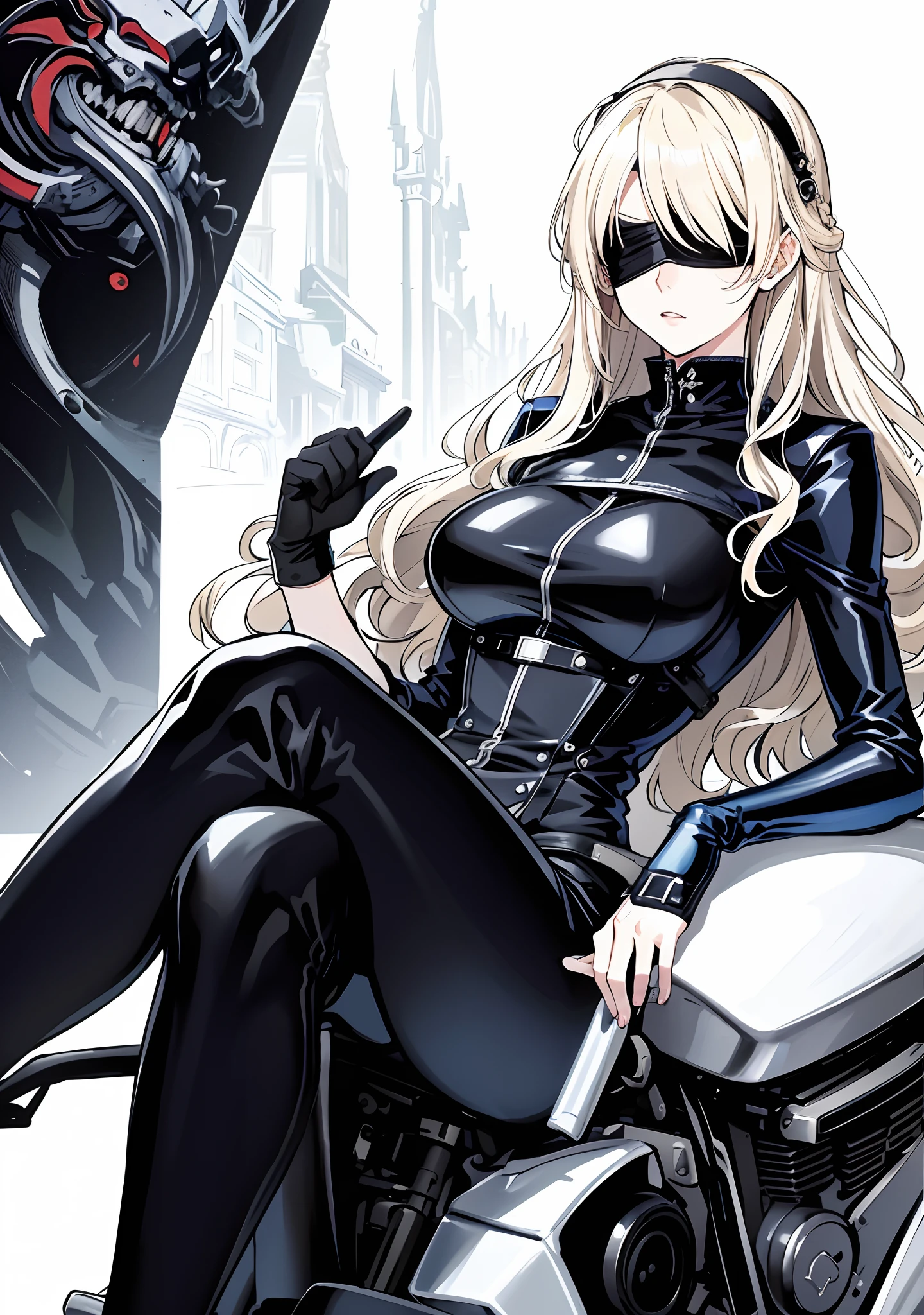 (masterpiece),(bestquality),highlydetailed,ultra-detailed, light, mature female, milf, blonde hair:white hair:0.3, wavy hair with big curls, long hair, ample bosom,((blindfolded:black blindfold with lace trim)), alluring, French woman, intense shadows, in a baroque architecture, in a palace,anime book cover of a woman in a black leather outfit sitting on a motorcycle, leiji matsumoto, otomo, inspired by Masamune Shirow, otomo manga, by Masamune Shirow, rei hiroe black lagoon manga, style of masamune shirow, by Otomo Katsuhiro, by Takeshi Obata