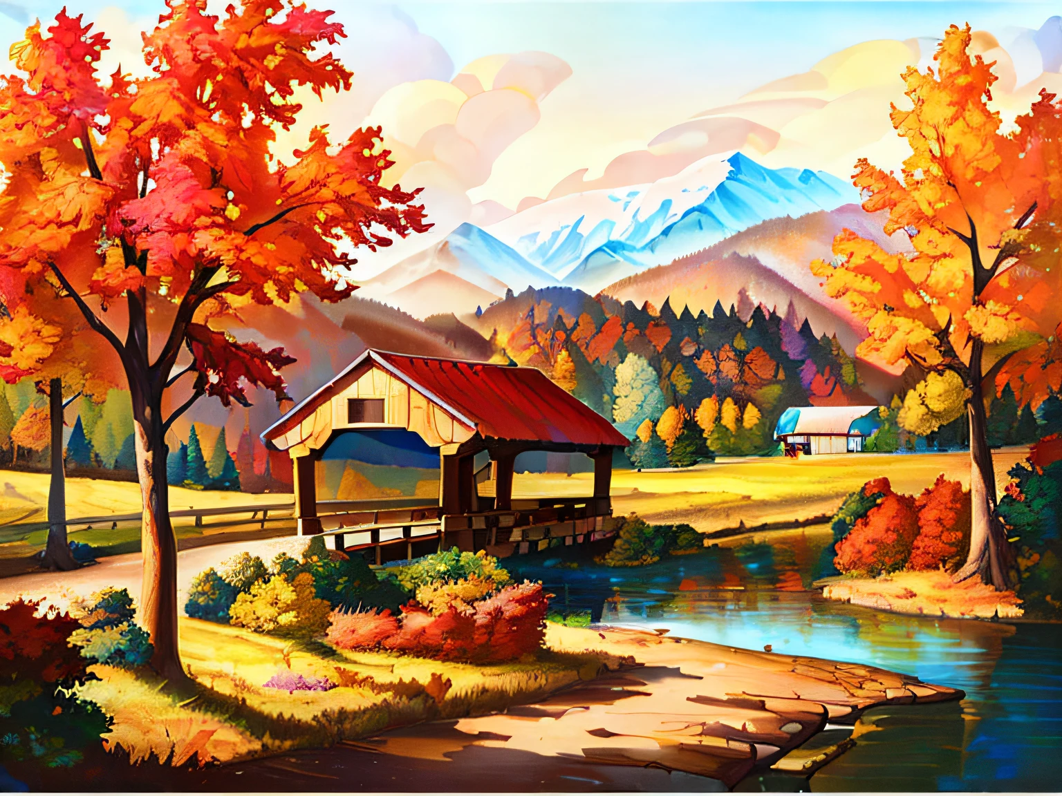 painting of a covered bridge in a rural setting with a mountain in the background, covered bridge, scenery artwork, rural splendor, scenery art detailed, vibrant gouache painting scenery, detailed scenic view, hildebrandt, detailed digital artwork, rich picturesque colors, colorful landscape painting, in a scenic background, detailed scenery —width 672, inspired by Terry Redlin, autumn mountains