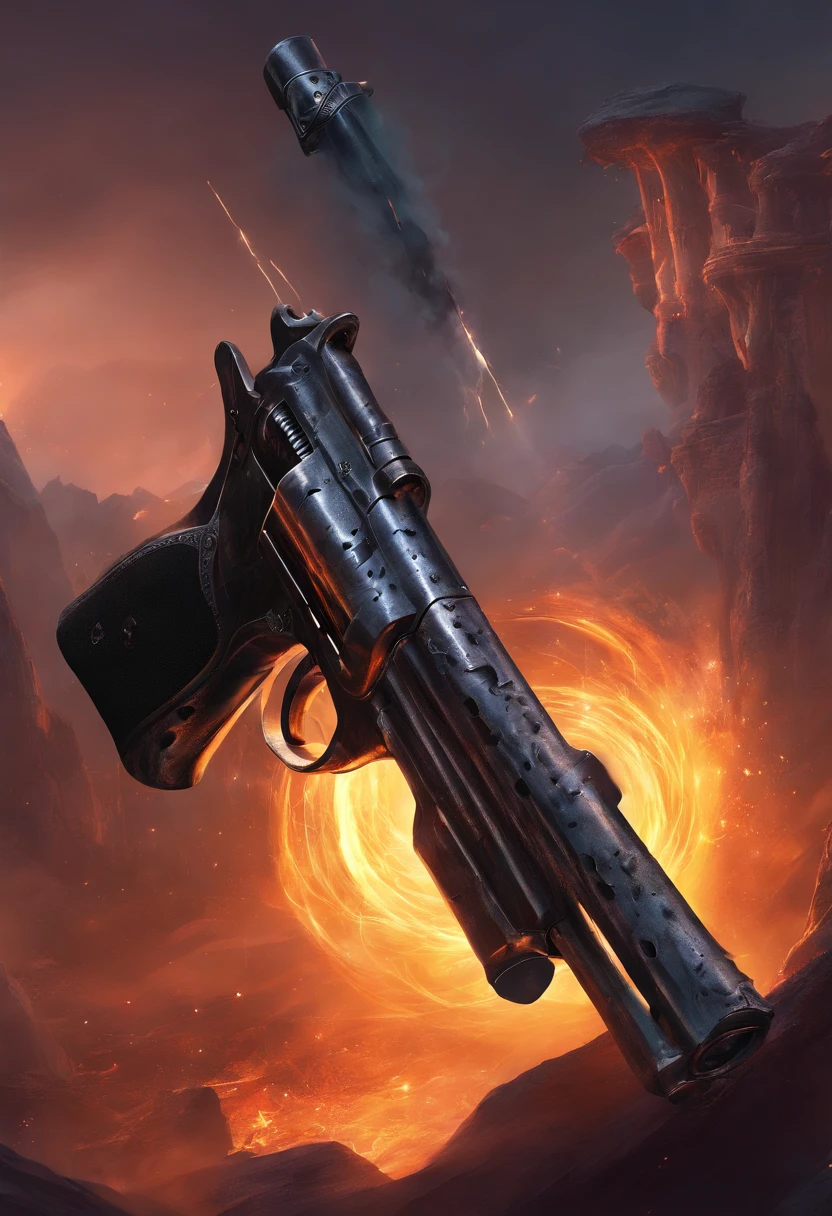 Revolver with dark particles, black smoke billowing from its pipe, Dark revolver, arma das sombras, Belho West Revolver, double revolver