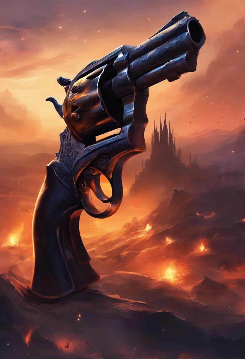 Revolver with dark particles, black smoke billowing from its pipe, Dark revolver, arma das sombras, Belho West Revolver, double revolver