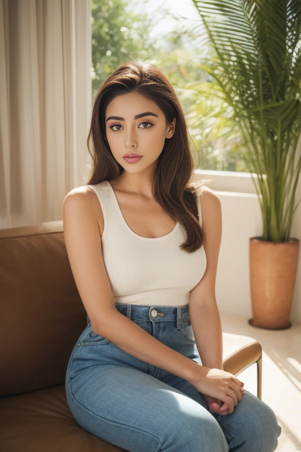 arafed woman sitting in sunny living room, a portrait inspired by Gina Pellón, instagram, tachisme, violet myers, lorena avarez, olivia culpo, alanis guillen, looks like laura barriales, portrait sophie mudd, tanned ameera al taweel, beautiful mexican woman